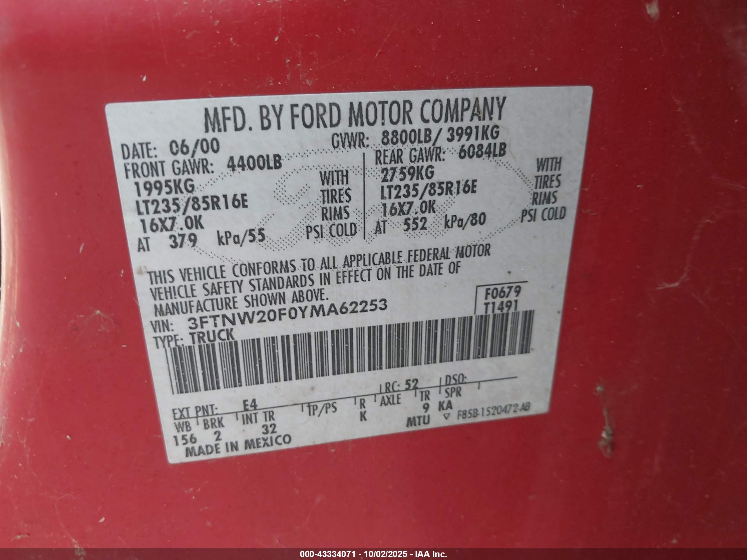2000 Ford F-250 Lariat/xl/xlt Red vin: 3FTNW20F0YMA62253
