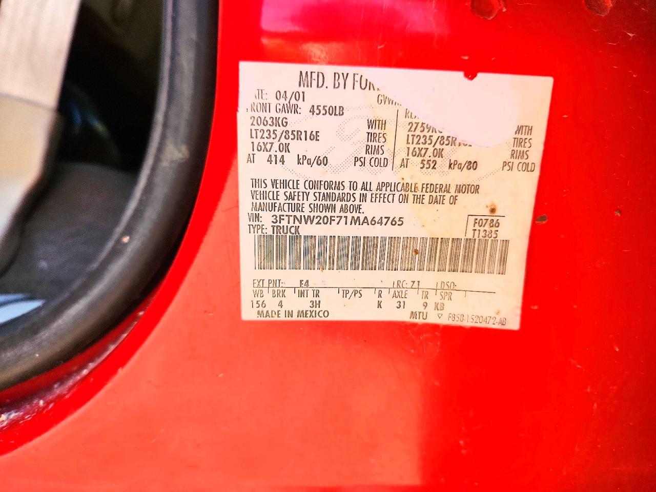 2001 Ford F250 Super Duty Red vin: 3FTNW20F71MA64765