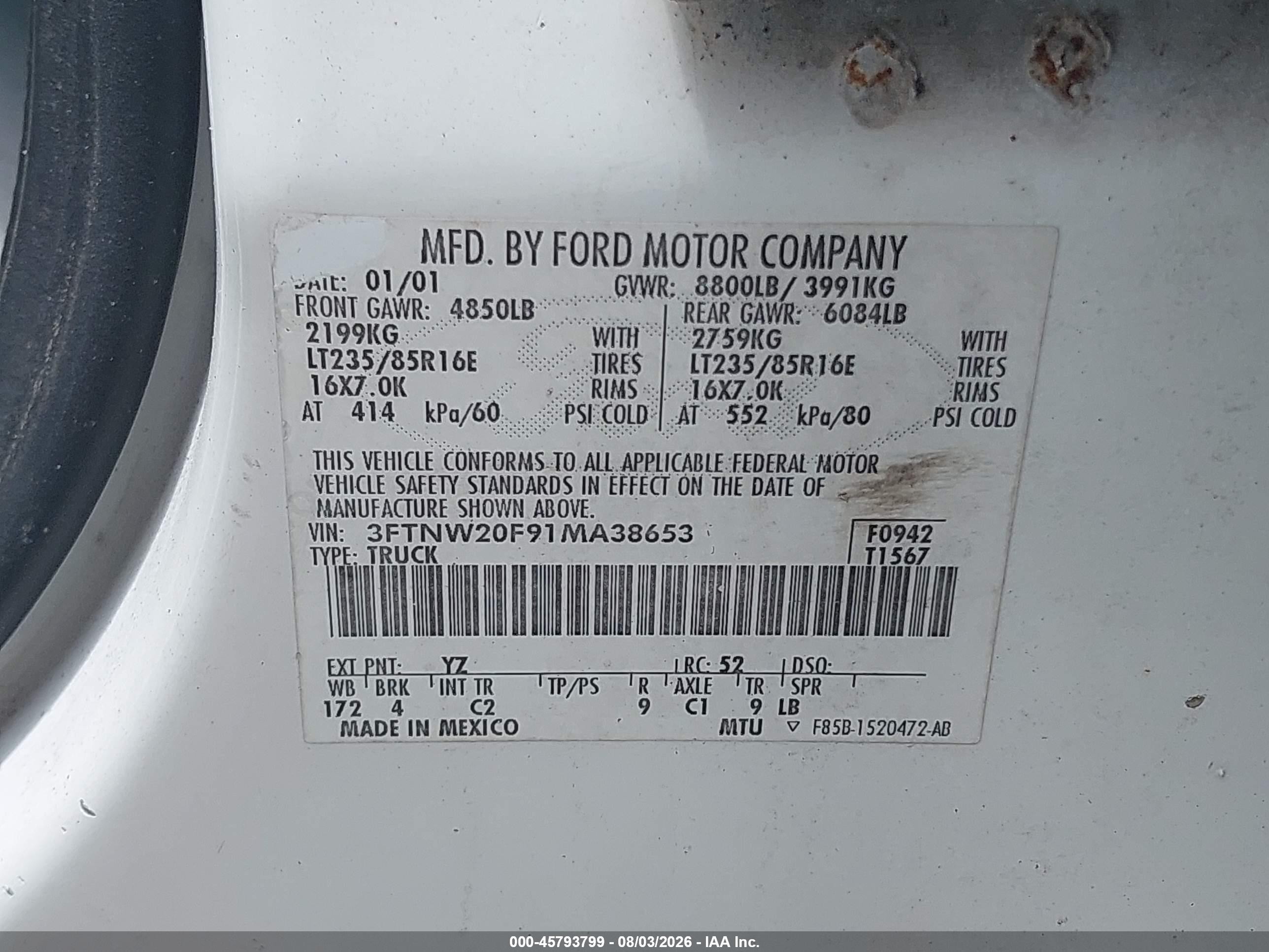 2001 Ford F-250 Lariat/xl/xlt White vin: 3FTNW20F91MA38653