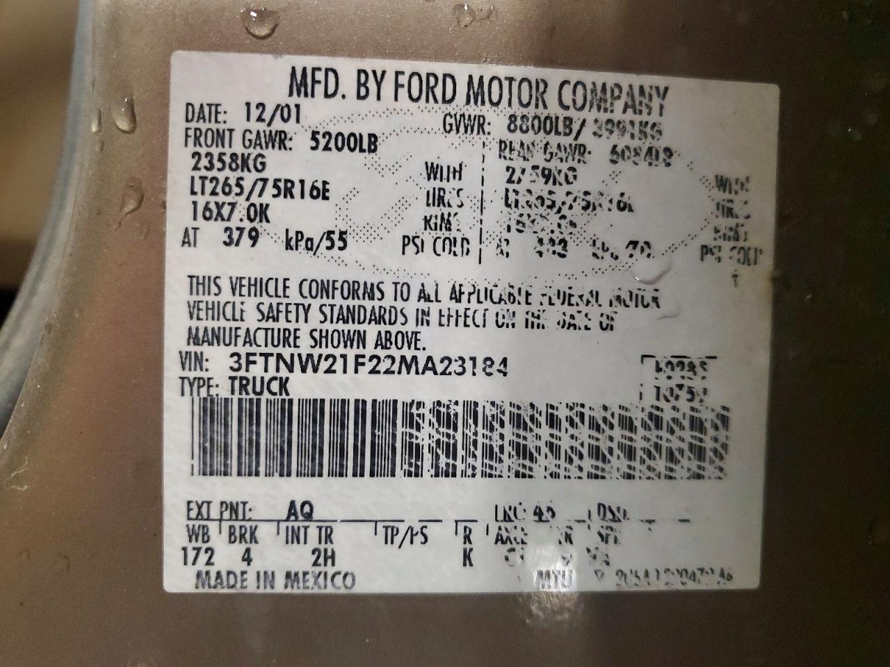 2002 Ford F250 Super Duty Tan vin: 3FTNW21F22MA23184
