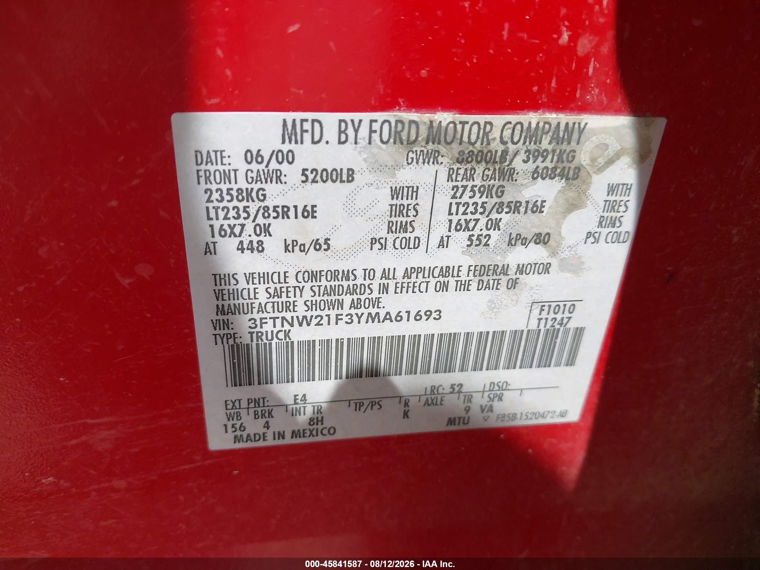 2000 Ford F-250 Lariat/xl/xlt Red vin: 3FTNW21F3YMA61693