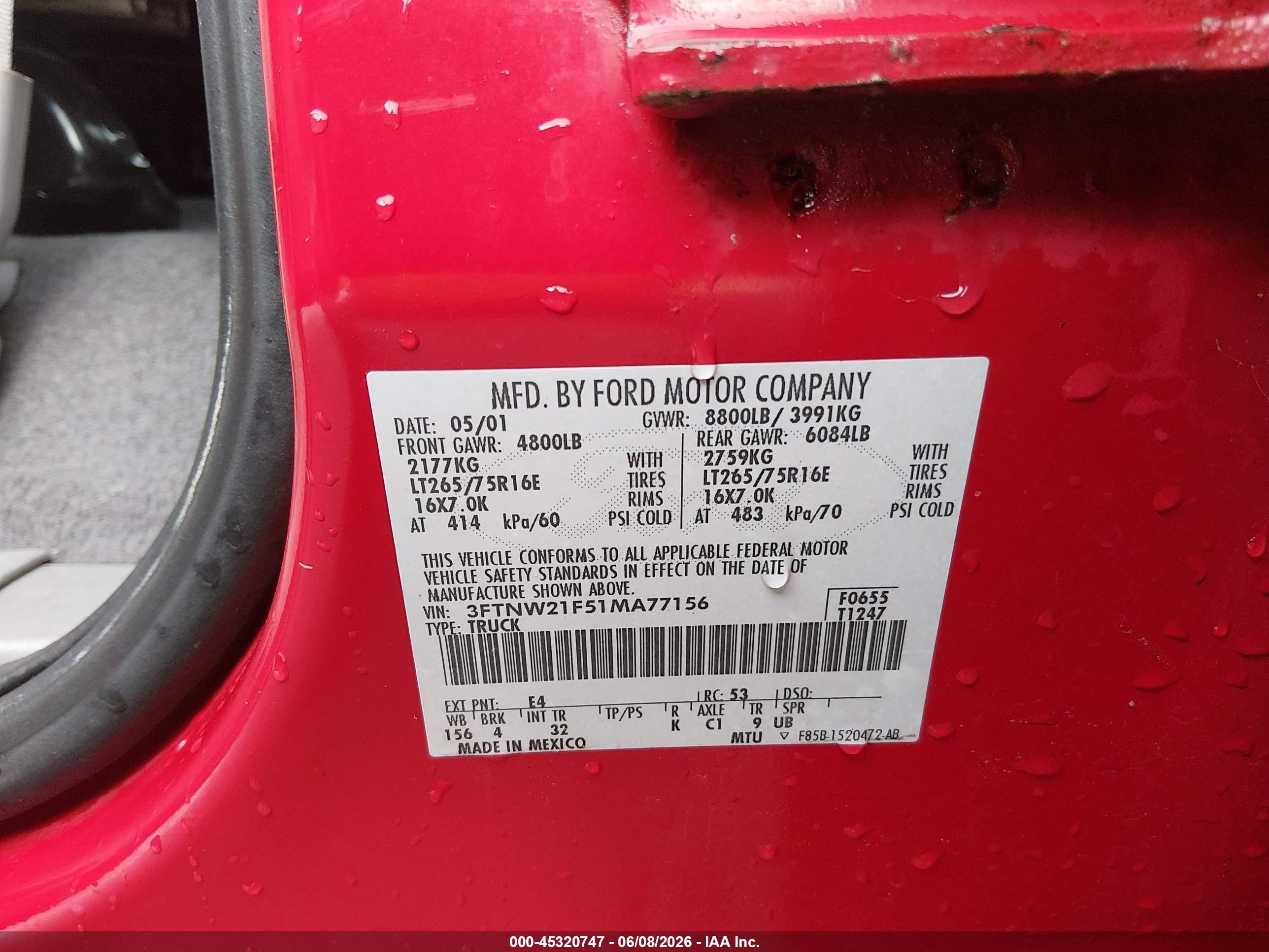 2001 Ford F-250   Red vin: 3FTNW21F51MA77156