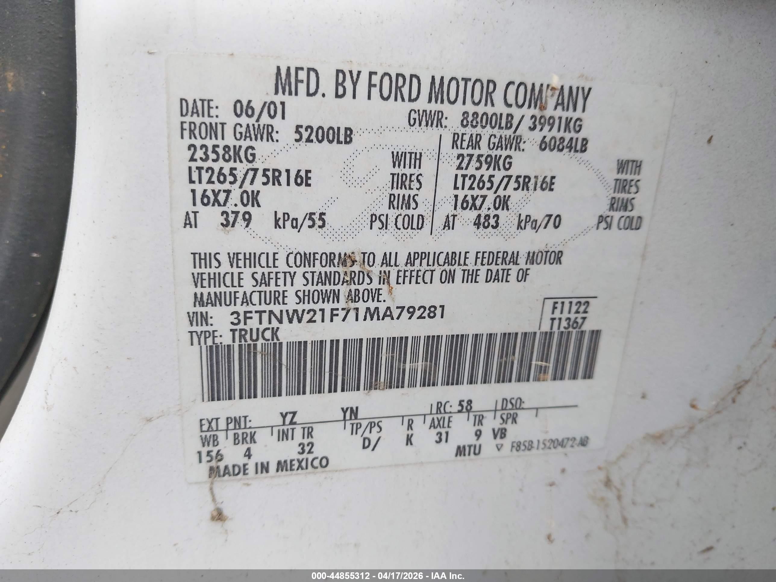 2001 Ford F-250 Lariat/xl/xlt White vin: 3FTNW21F71MA79281