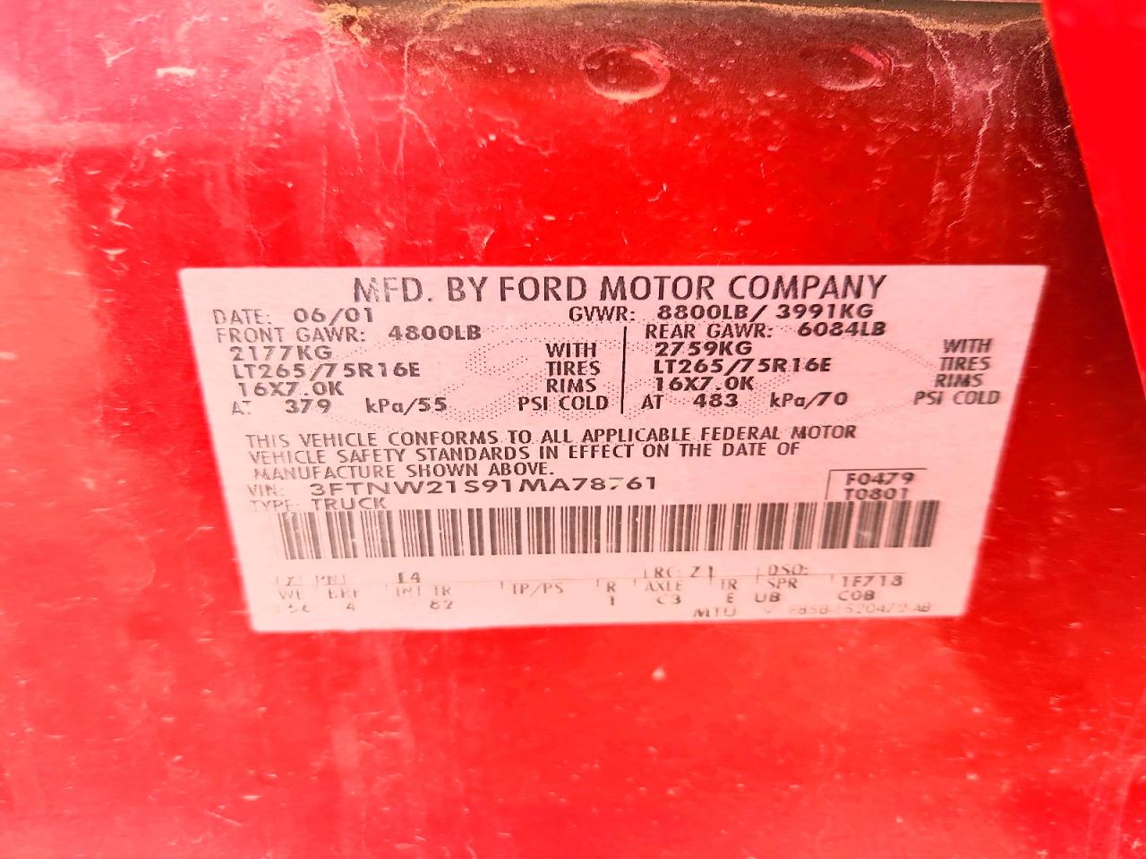 2001 Ford Super Duty F-250 Lar Red vin: 3FTNW21S91MA78761