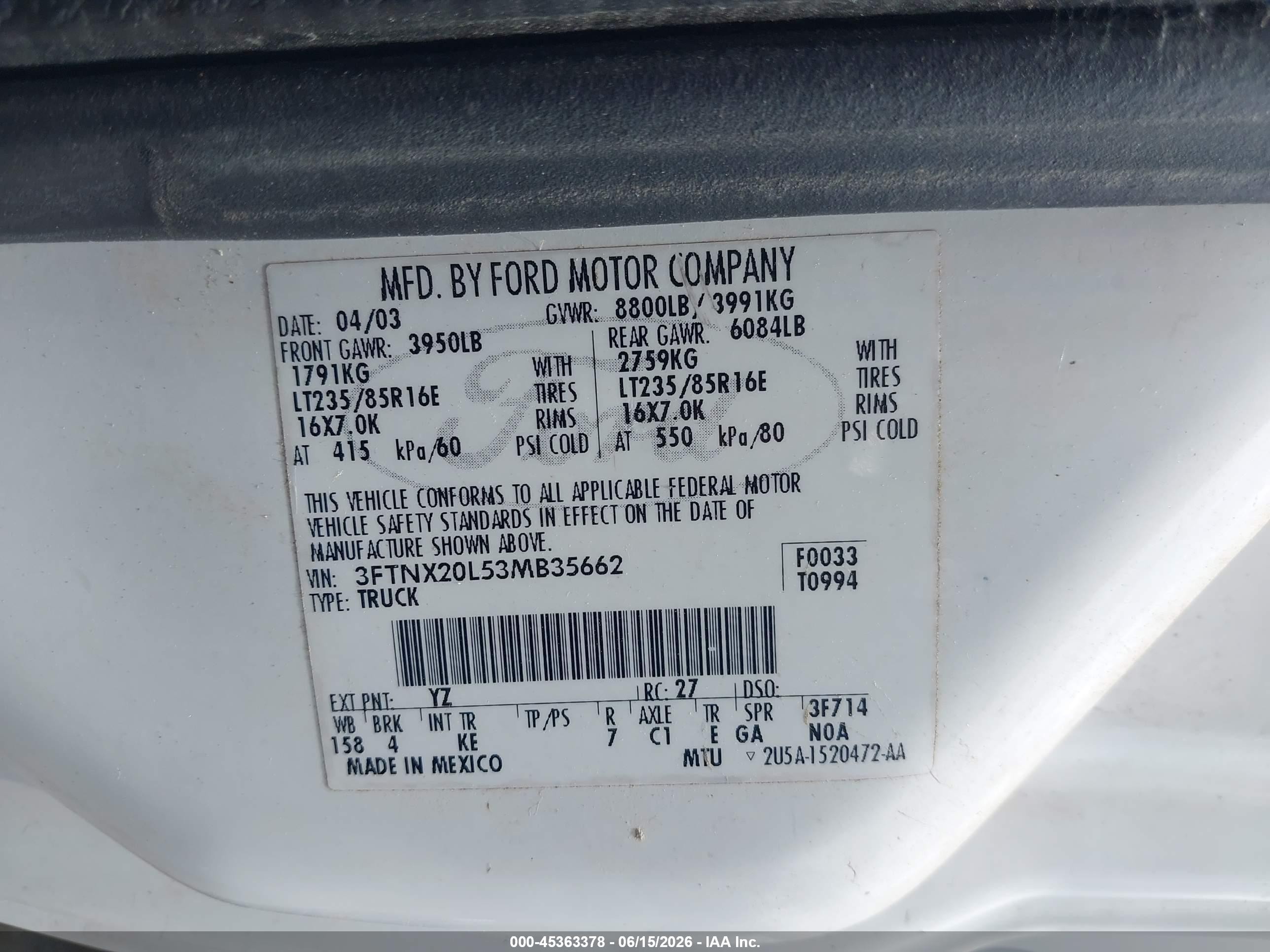 2003 Ford F250 Super Duty White vin: 3FTNX20L53MB35662
