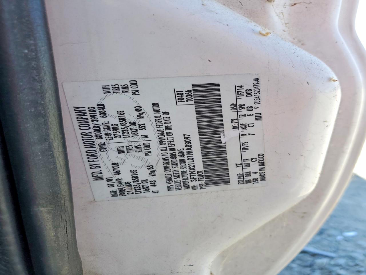 2001 Ford F250 Super Duty White vin: 3FTNX21L01MA88097