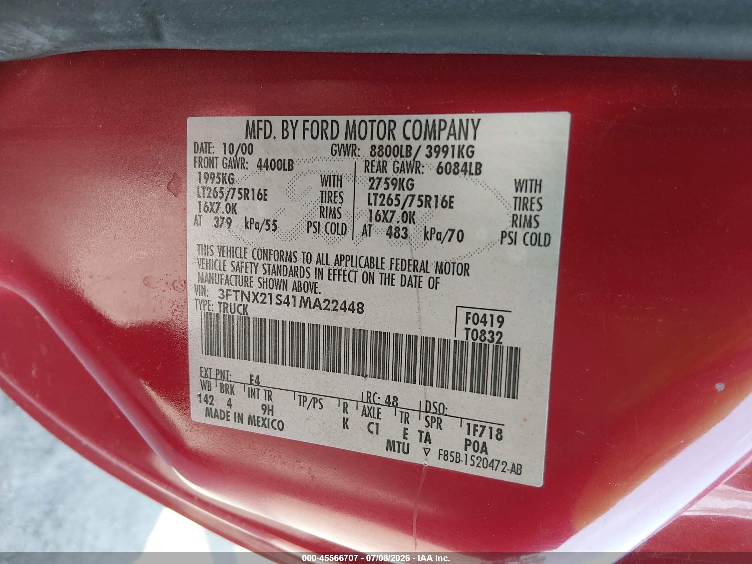 2001 Ford F-250 Lariat/xl/xlt Red vin: 3FTNX21S41MA22448