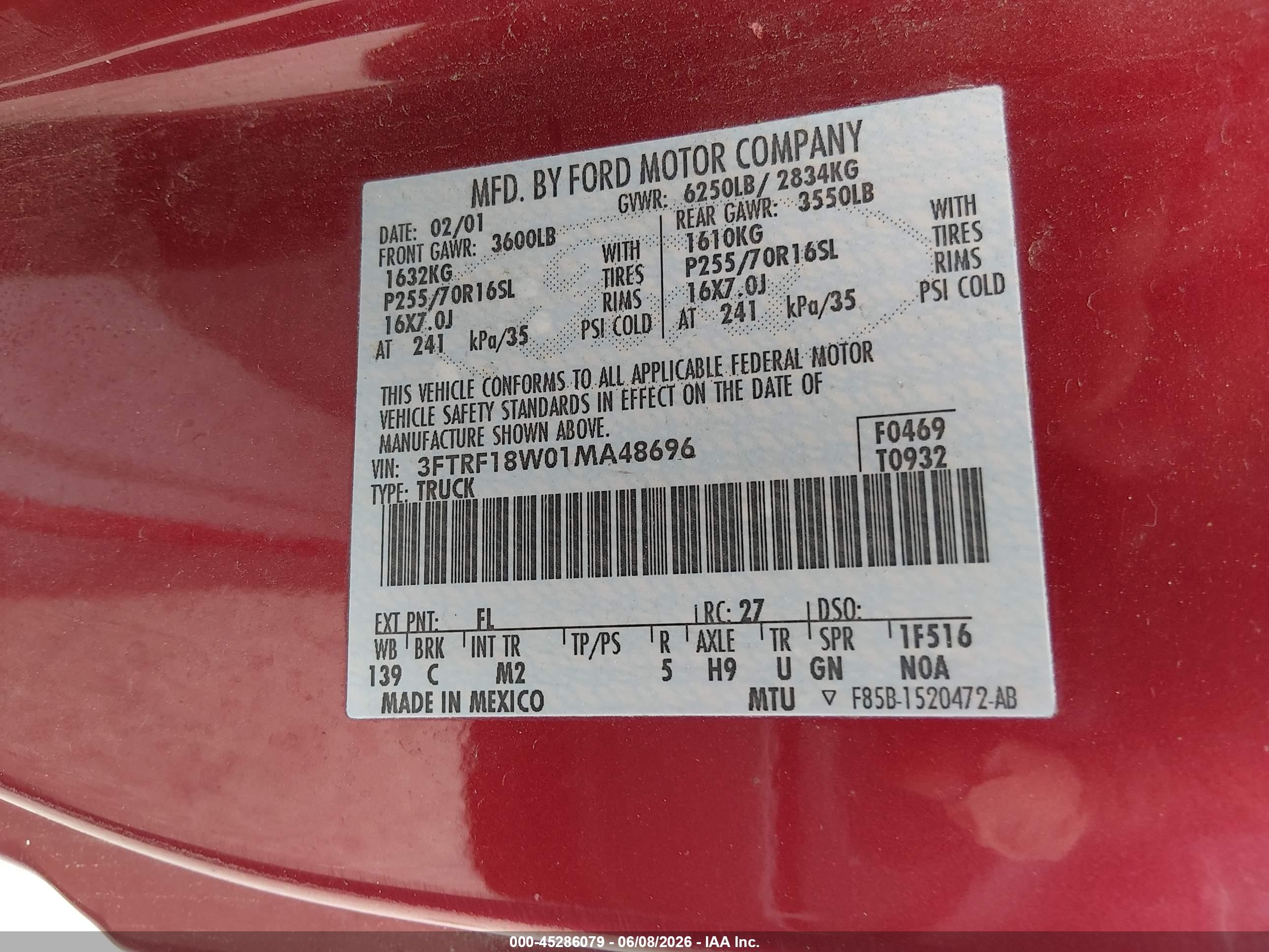 2001 Ford F-150 Xl/xlt Maroon vin: 3FTRF18W01MA48696