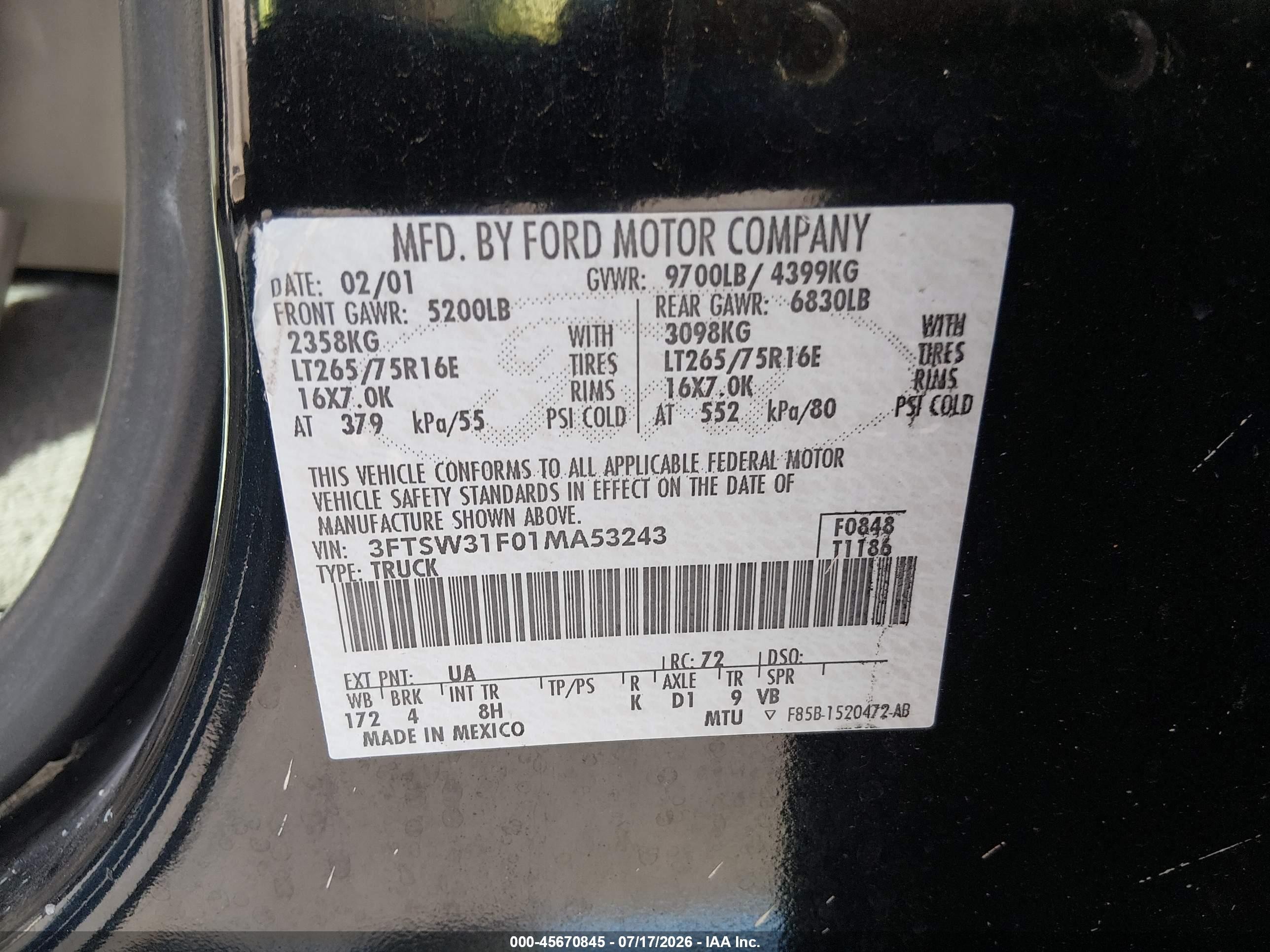 2001 Ford F-350 Lariat/xl/xlt Black vin: 3FTSW31F01MA53243