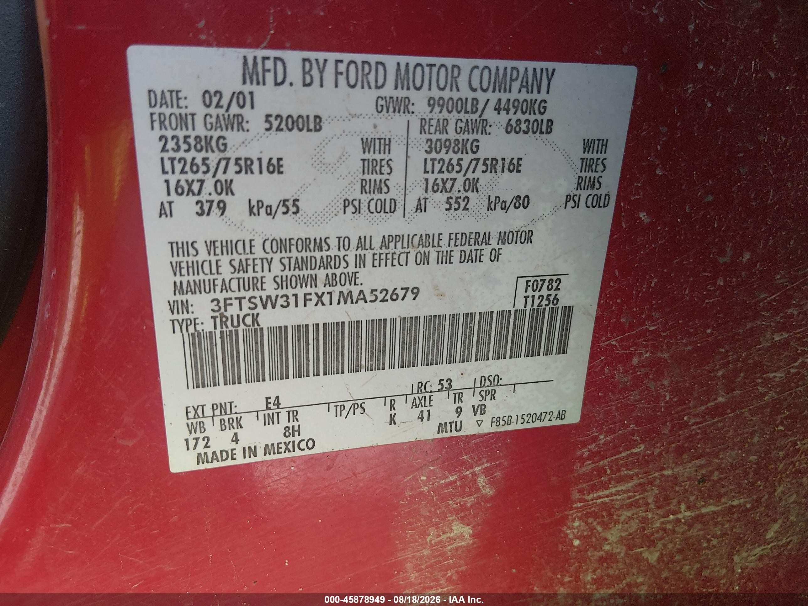 2001 Ford F-350 Lariat/xl/xlt Red vin: 3FTSW31FX1MA52679