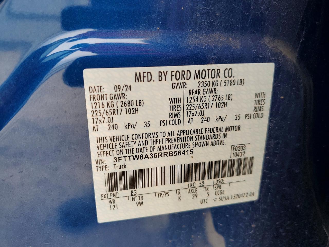 2024 Ford Maverick Xl Blue vin: 3FTTW8A36RRB56415