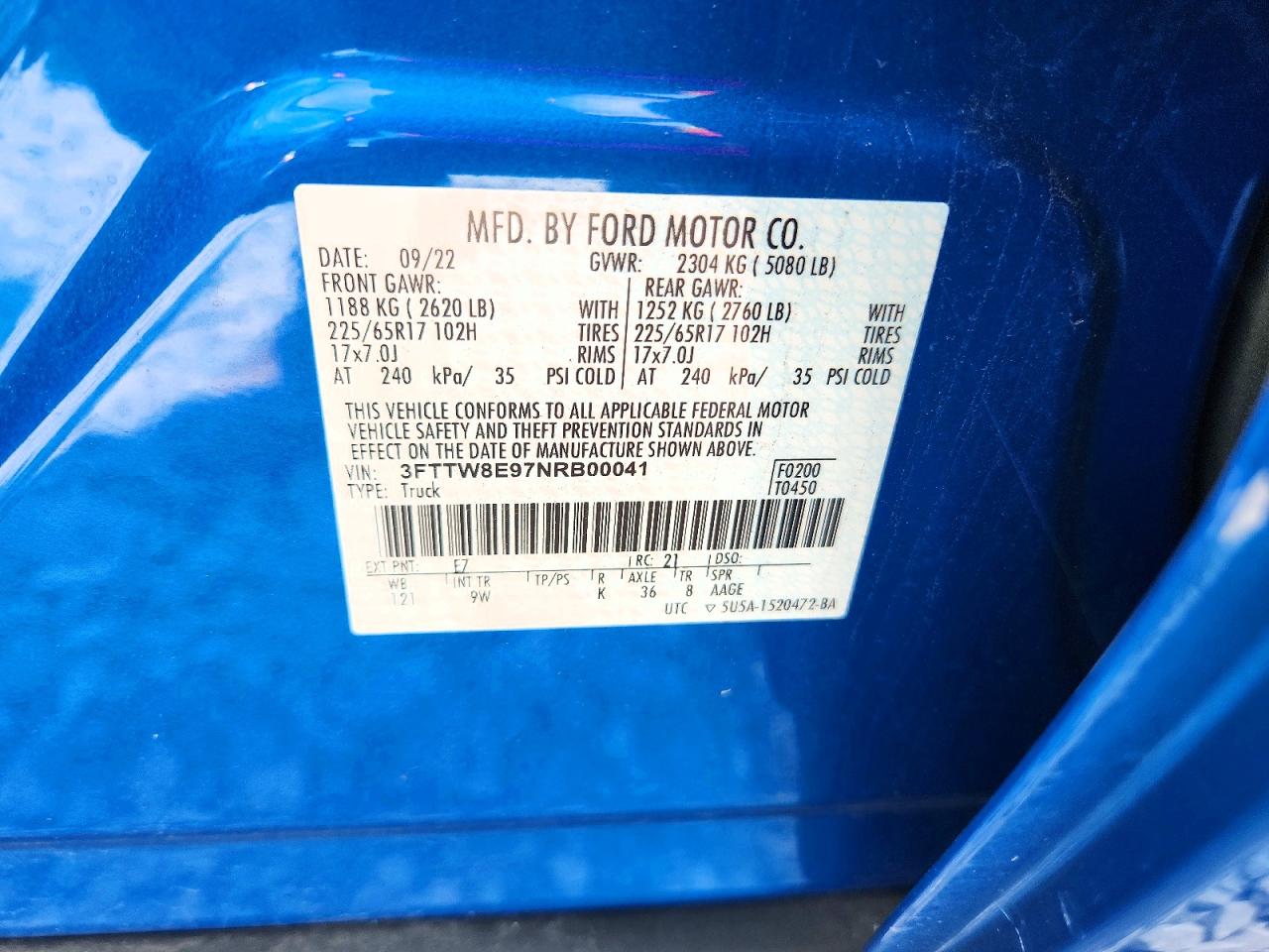 2022 Ford Maverick Xl Blue vin: 3FTTW8E97NRB00041