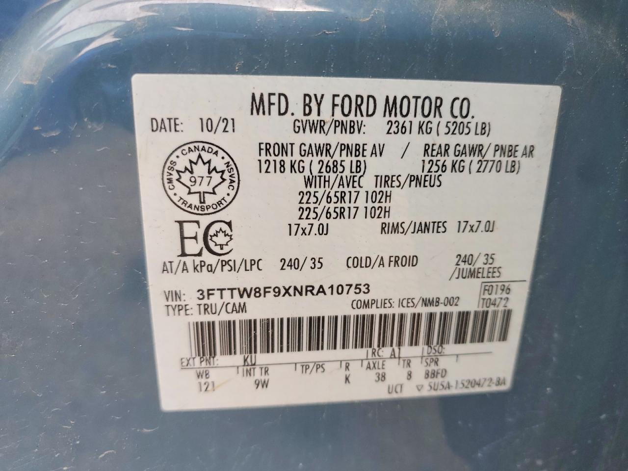 2022 Ford Maverick Xl Blue vin: 3FTTW8F9XNRA10753