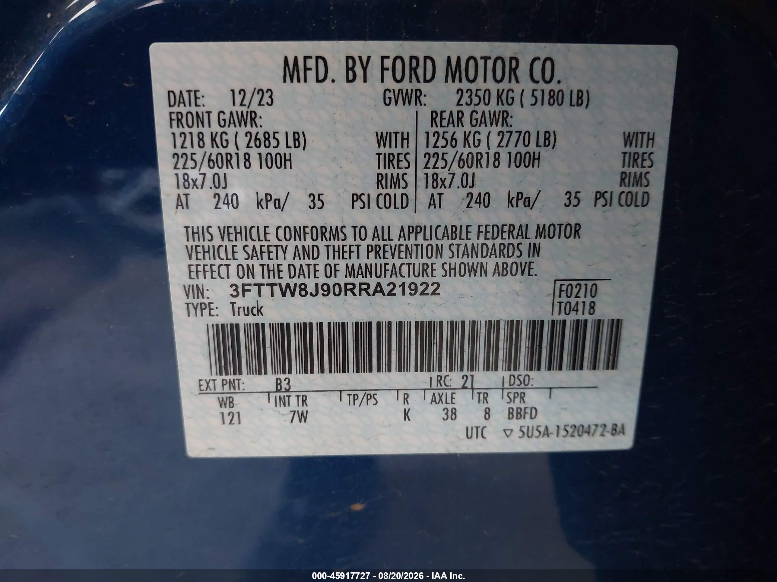 2024 Ford Maverick Xlt Blue vin: 3FTTW8J90RRA21922