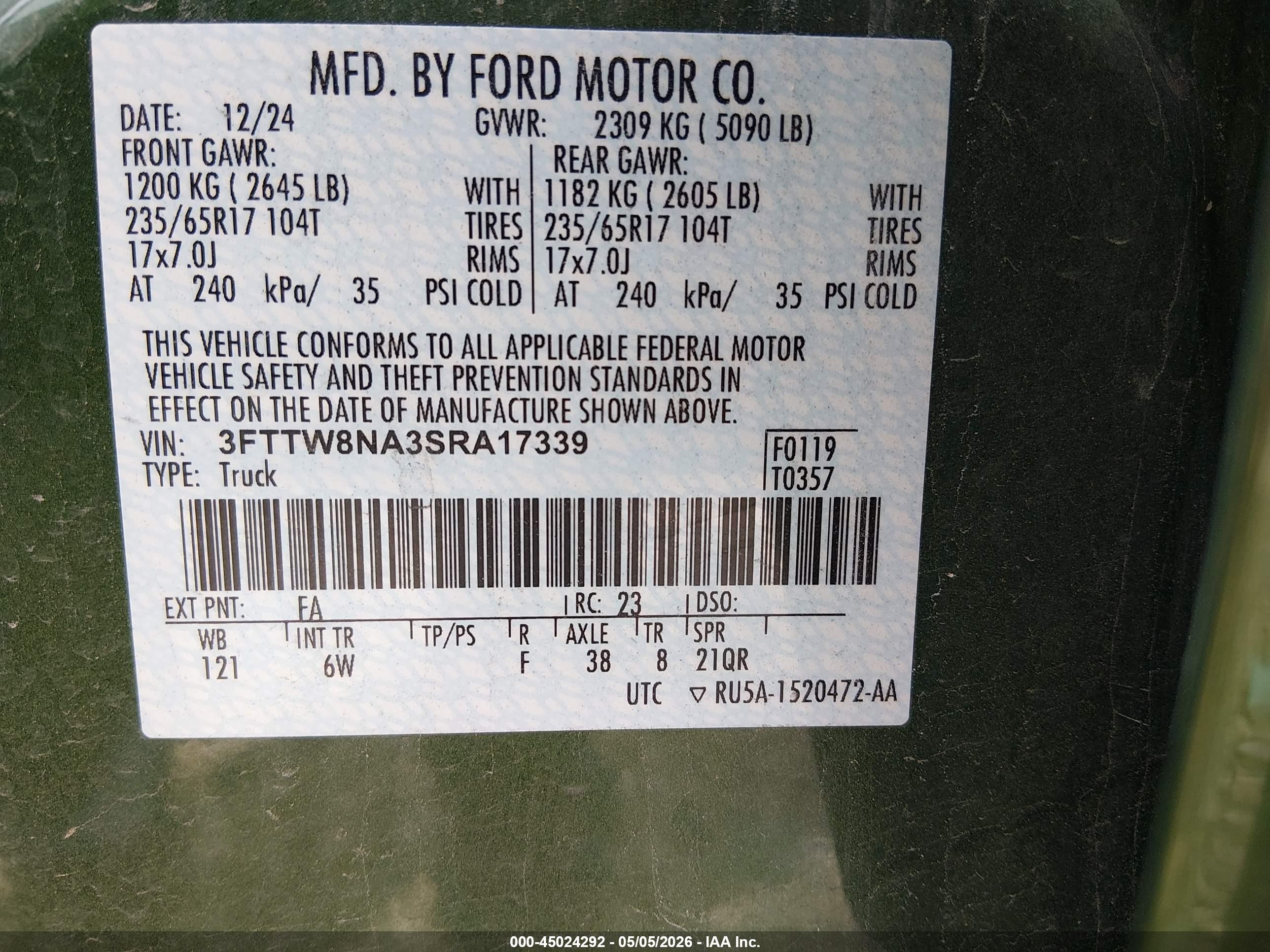 2025 Ford Maverick Tremor Зеленый vin: 3FTTW8NA3SRA17339