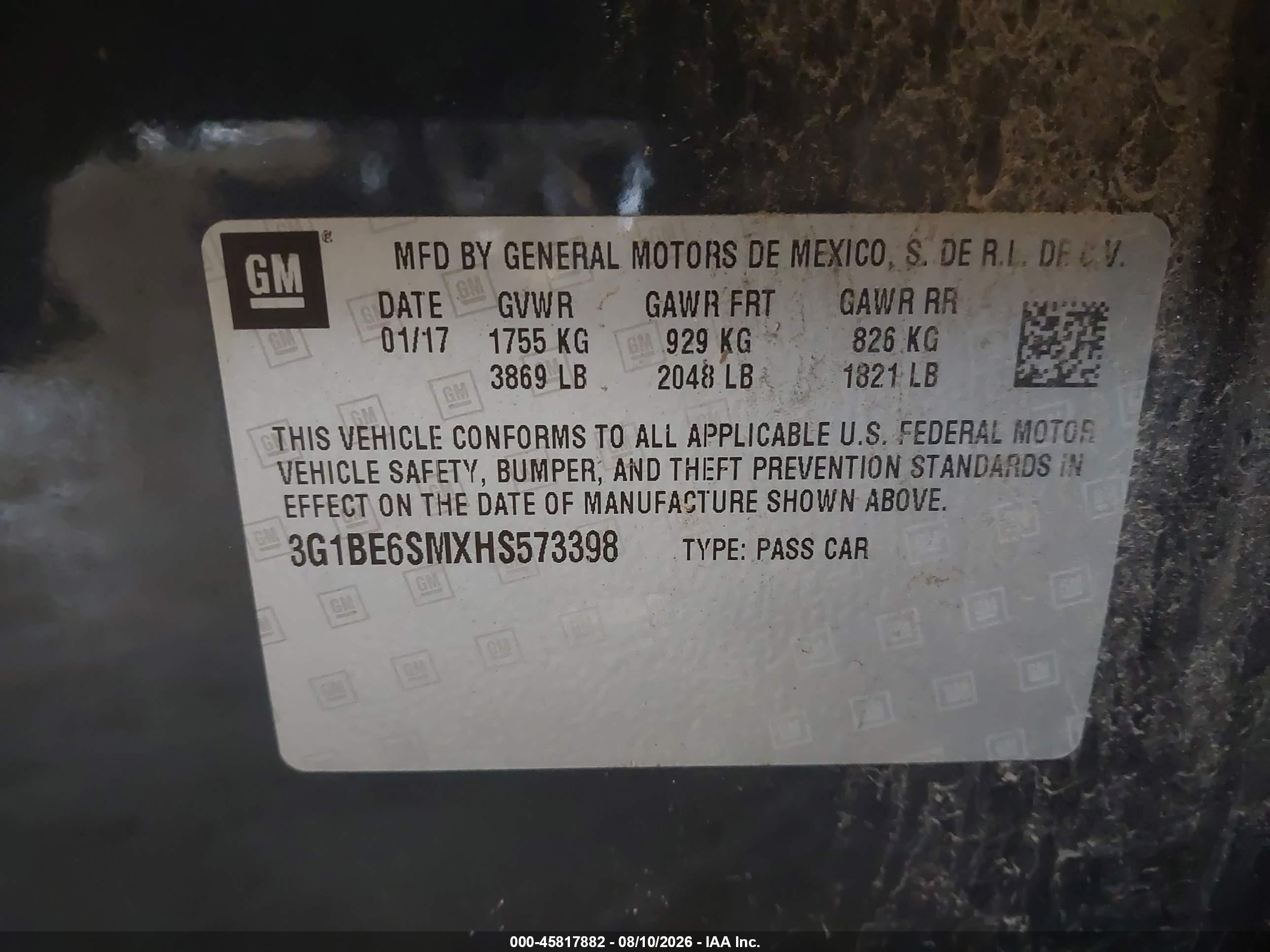 2017 Chevrolet Cruze Lt Auto Серый vin: 3G1BE6SMXHS573398