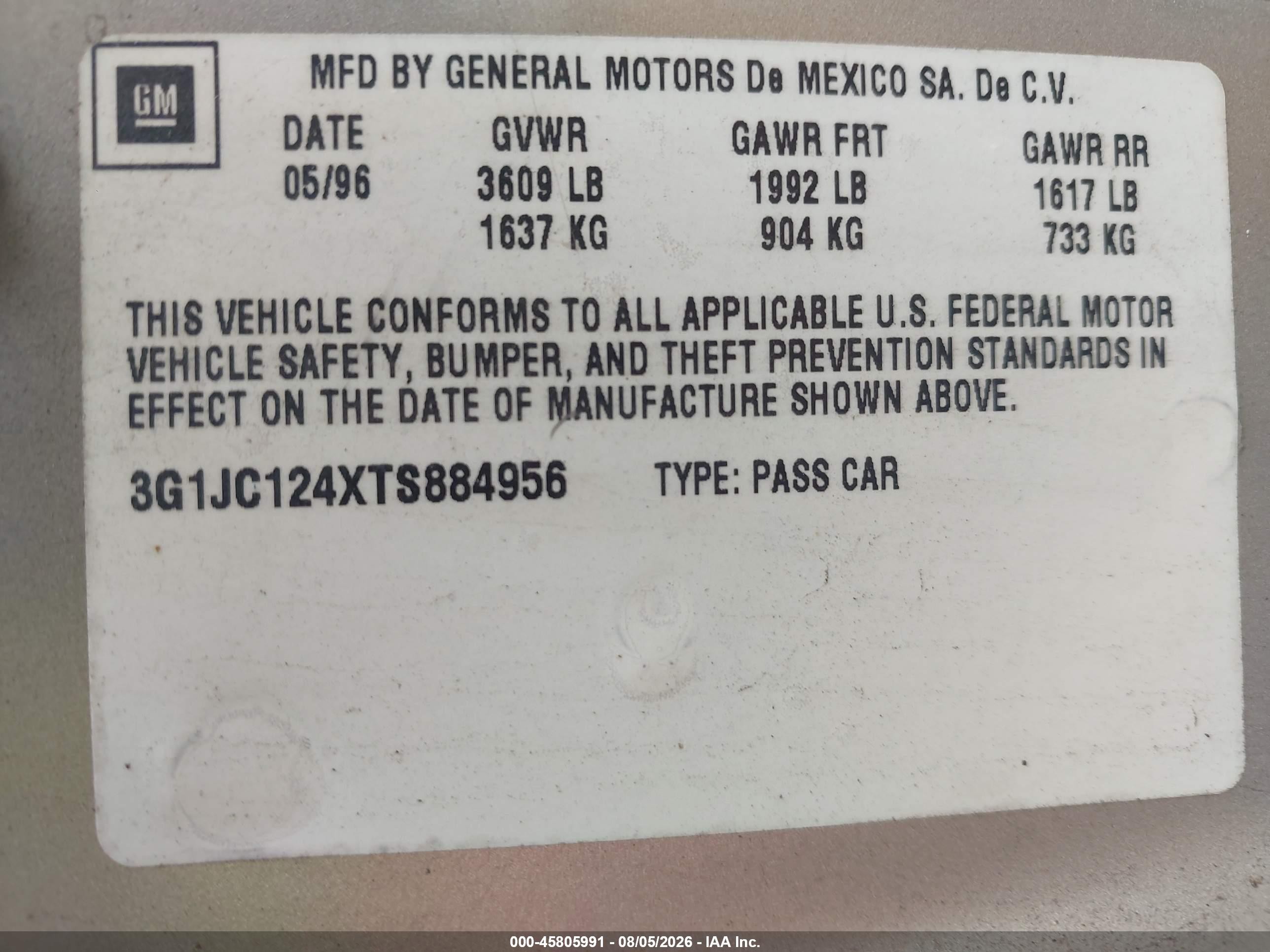 1996 Chevrolet Cavalier   Gold vin: 3G1JC124XTS884956