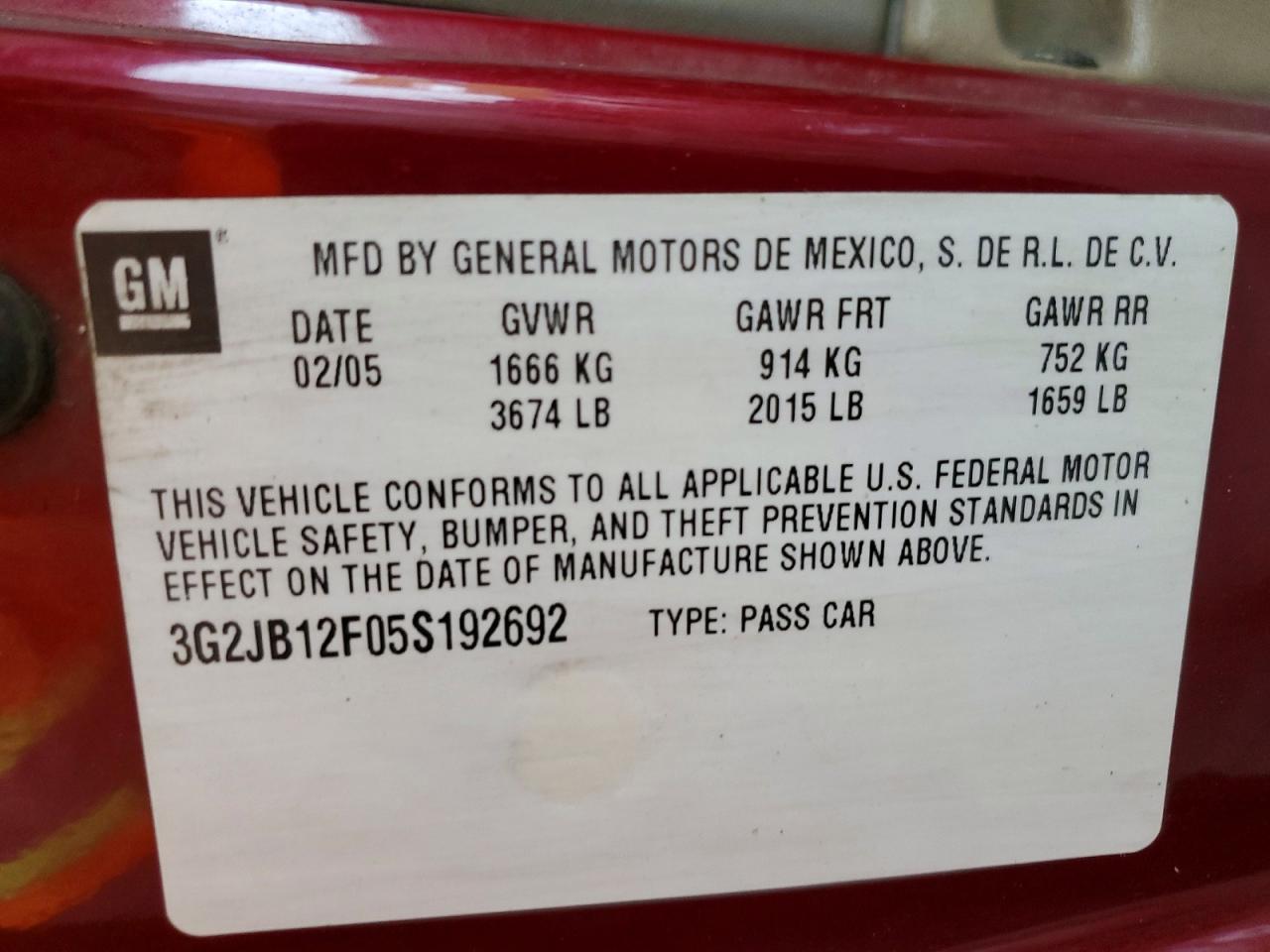 2005 Pontiac Sunfire Burgundy vin: 3G2JB12F05S192692
