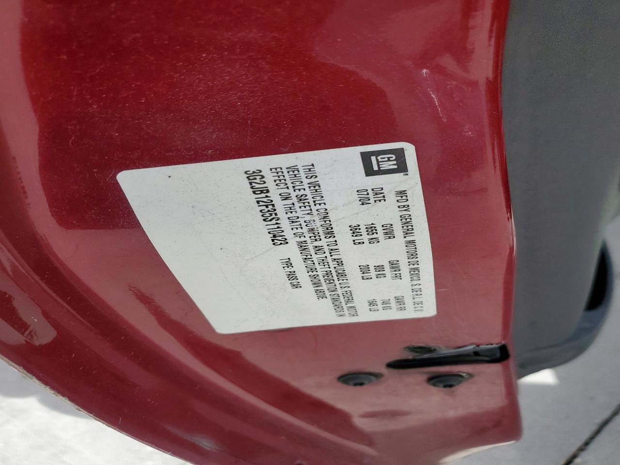 2005 Pontiac Sunfire Red vin: 3G2JB12F35S110423