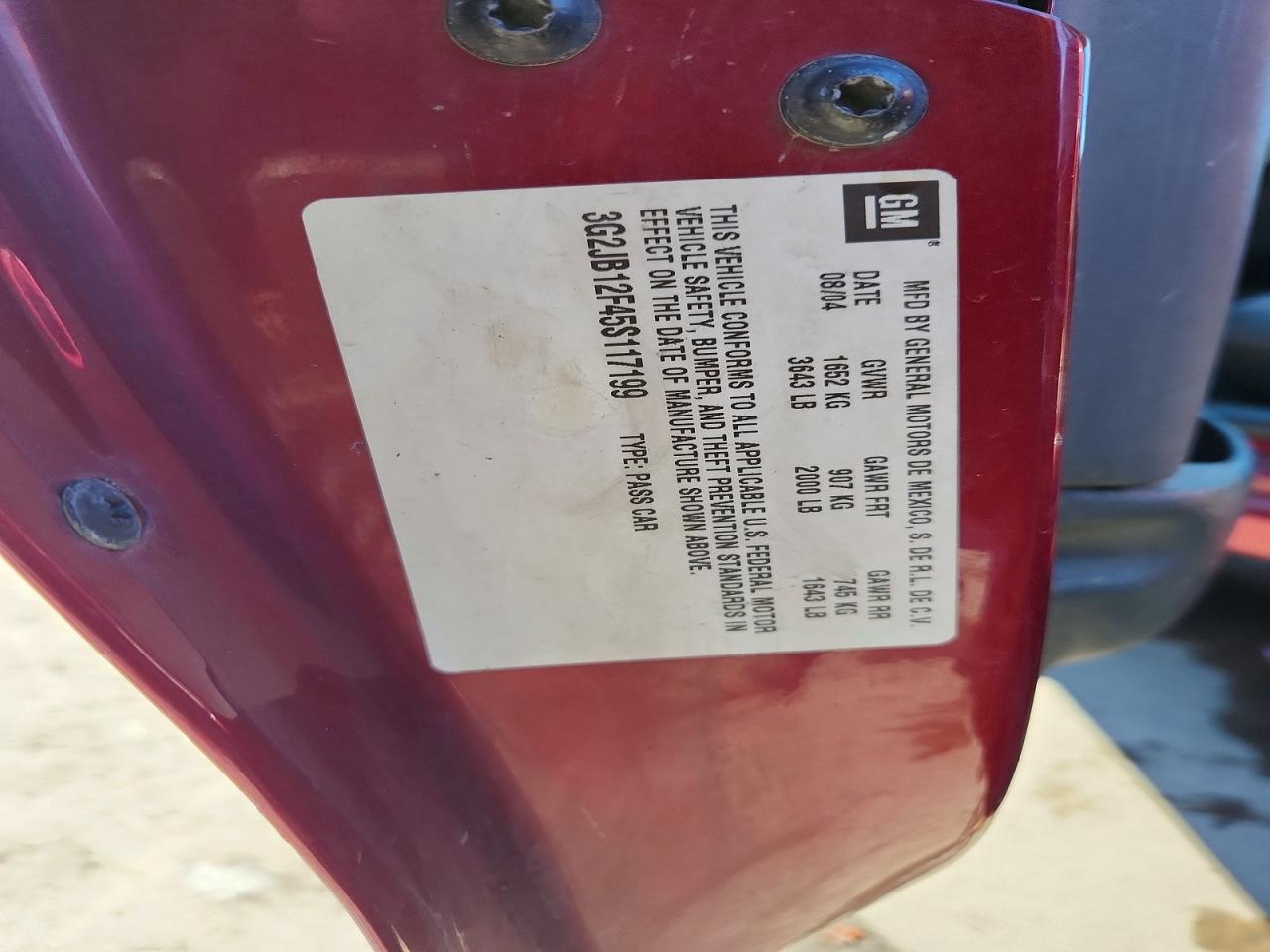 2005 Pontiac Sunfire Burgundy vin: 3G2JB12F45S117199