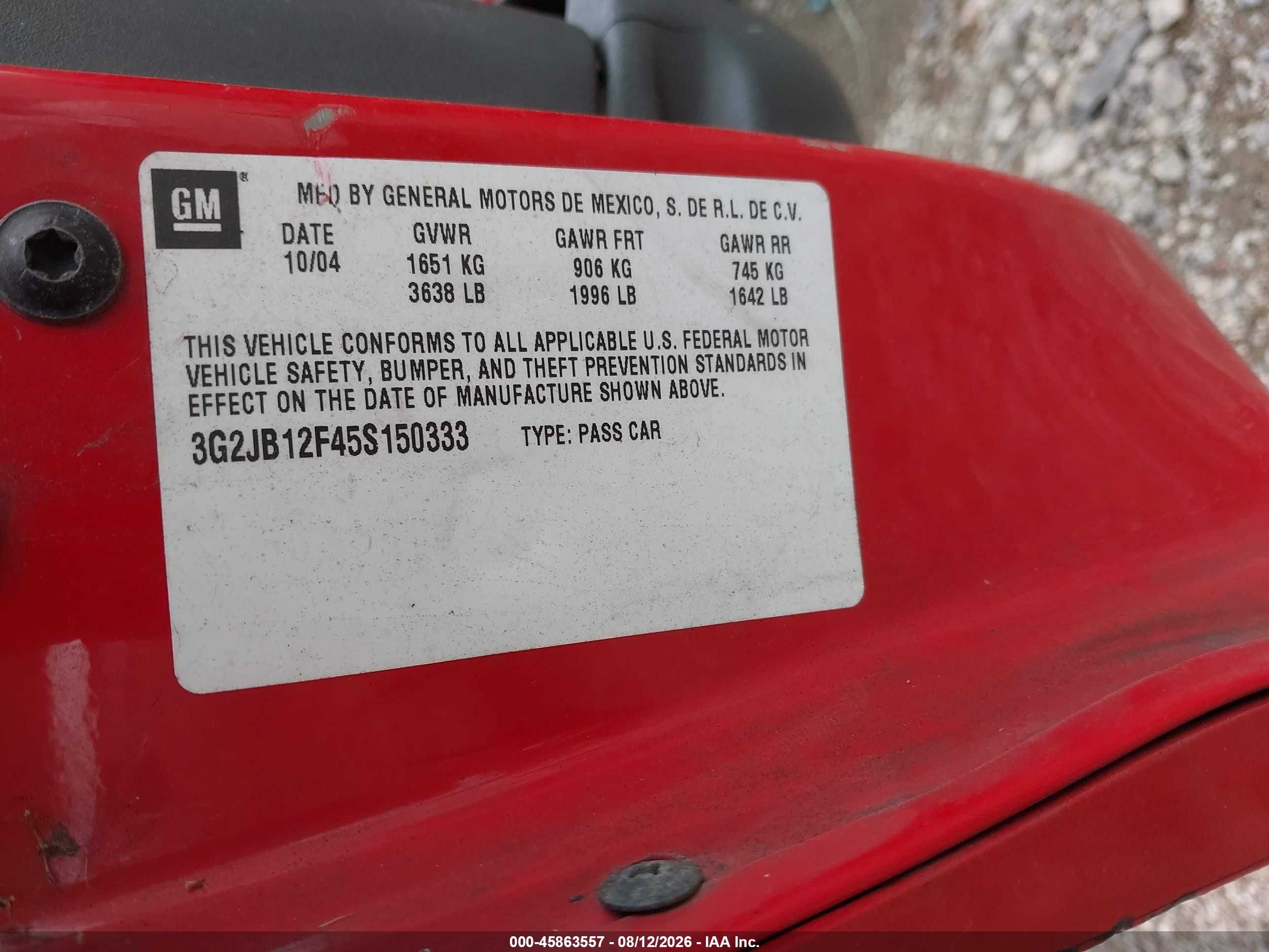 2005 Pontiac Sunfire   Red vin: 3G2JB12F45S150333