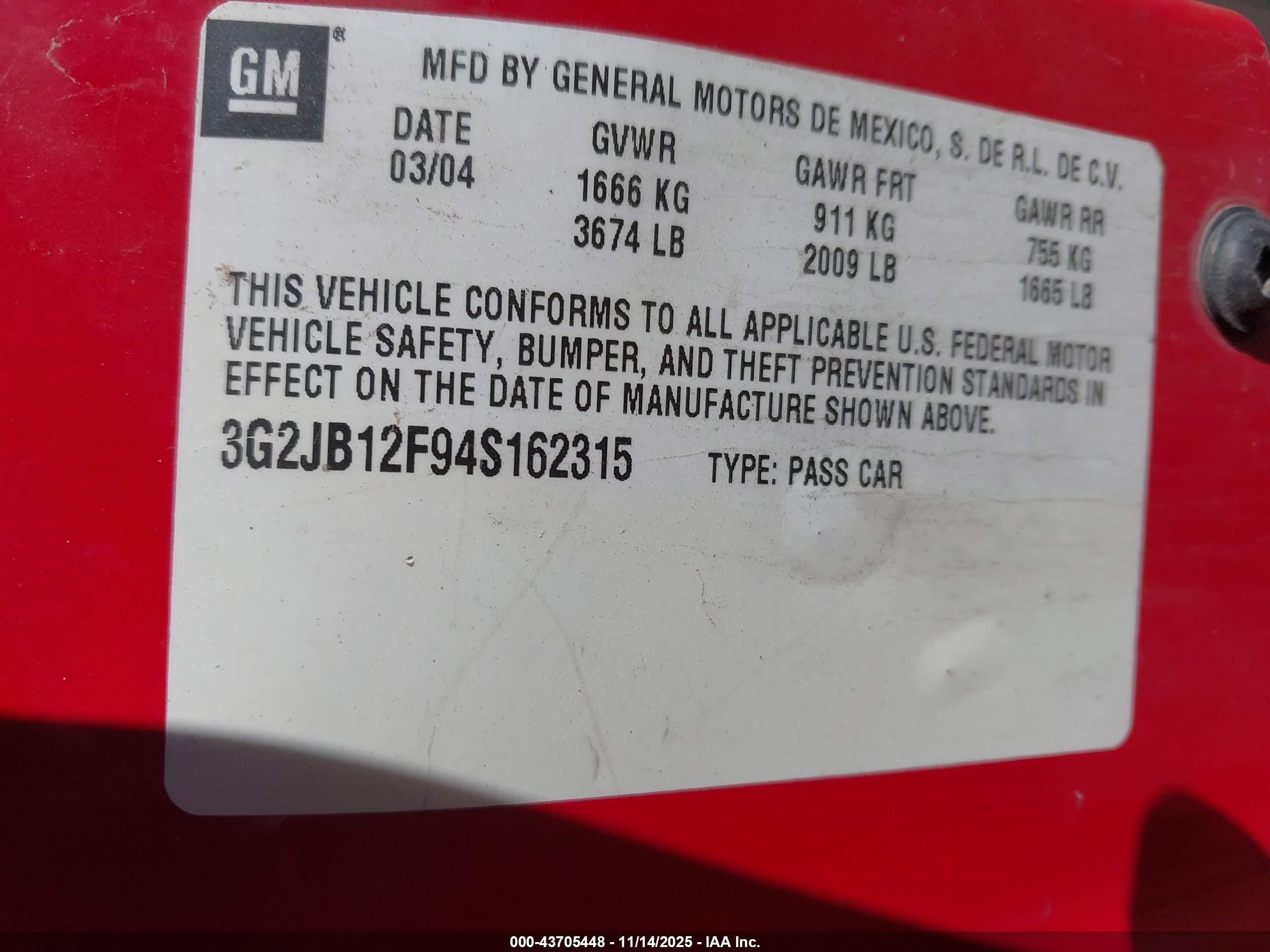 2004 Pontiac Sunfire   Red vin: 3G2JB12F94S162315