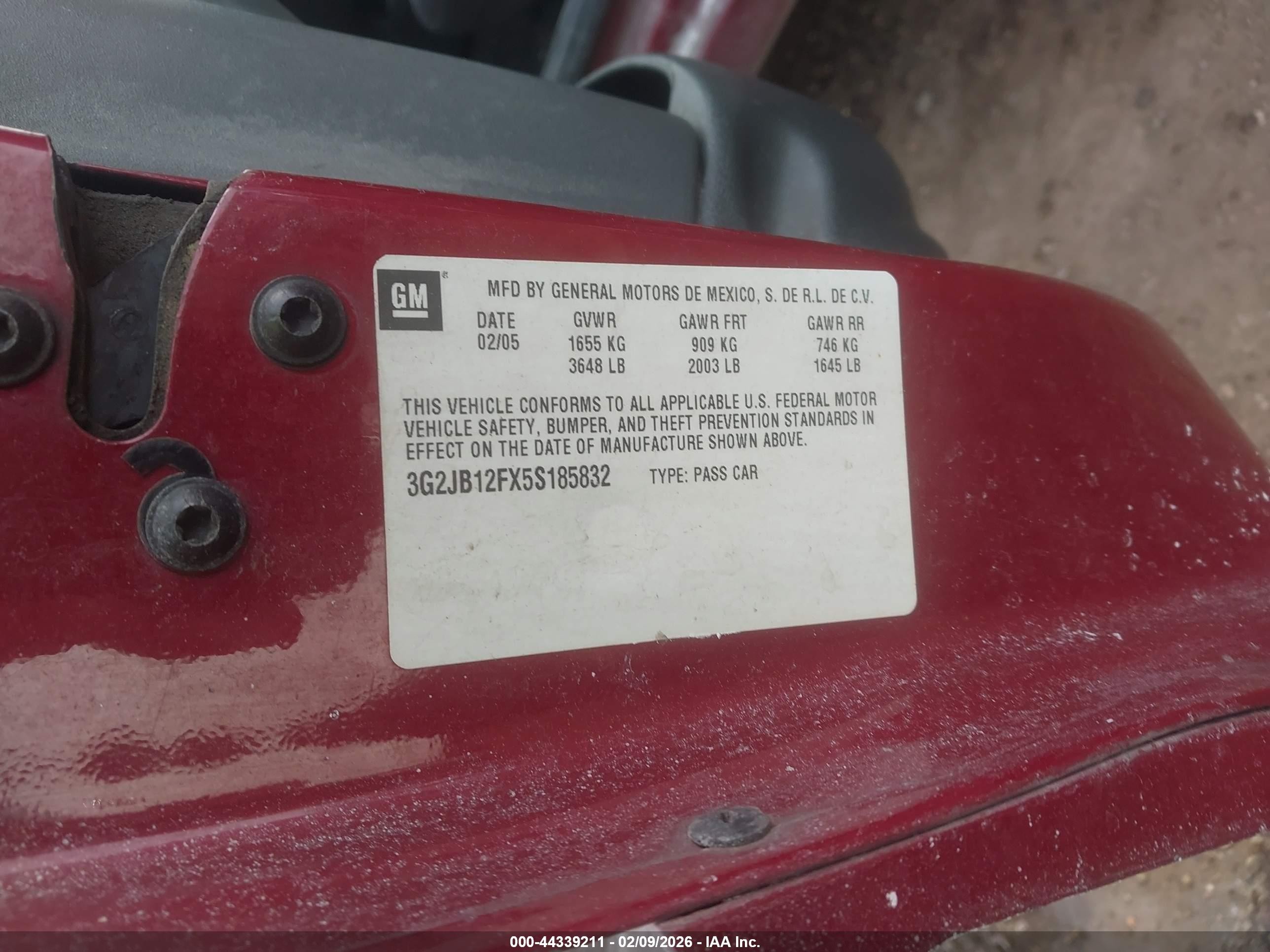 2005 Pontiac Sunfire   Maroon vin: 3G2JB12FX5S185832