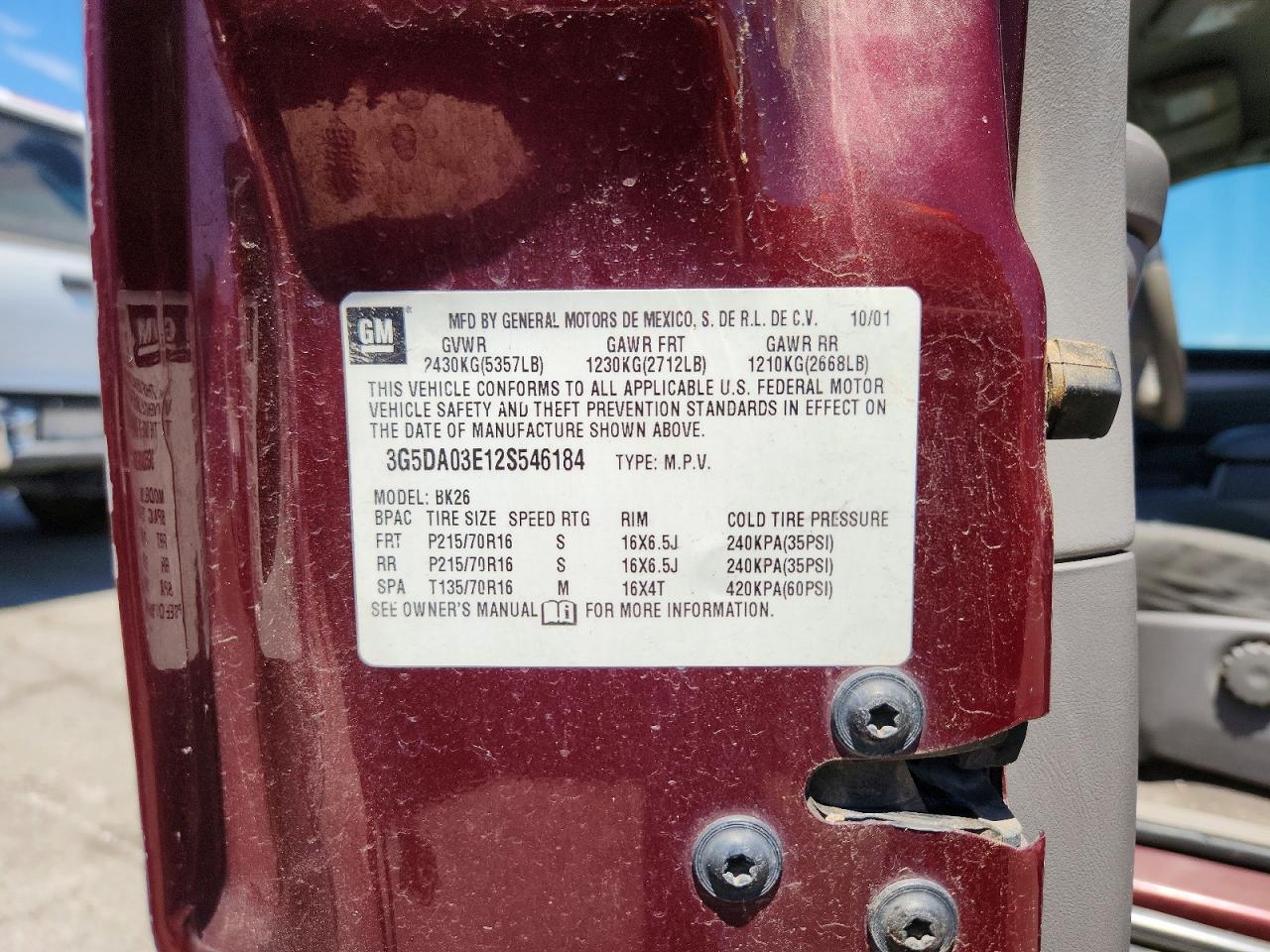 2002 Buick Rendezvous Cx Maroon vin: 3G5DA03E12S546184