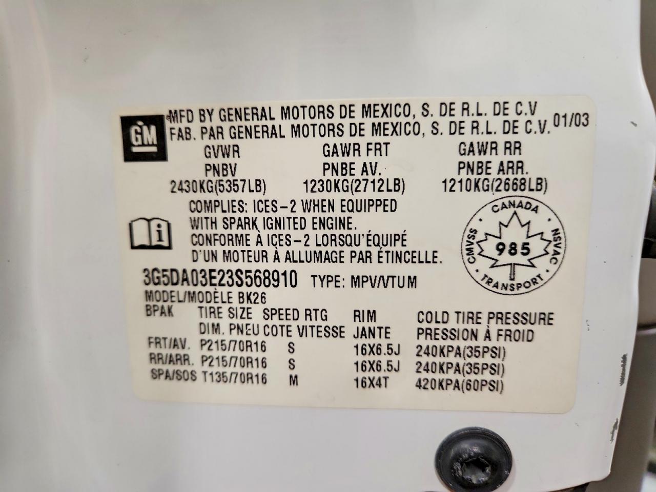 2003 Buick Rendezvous Cx White vin: 3G5DA03E23S568910