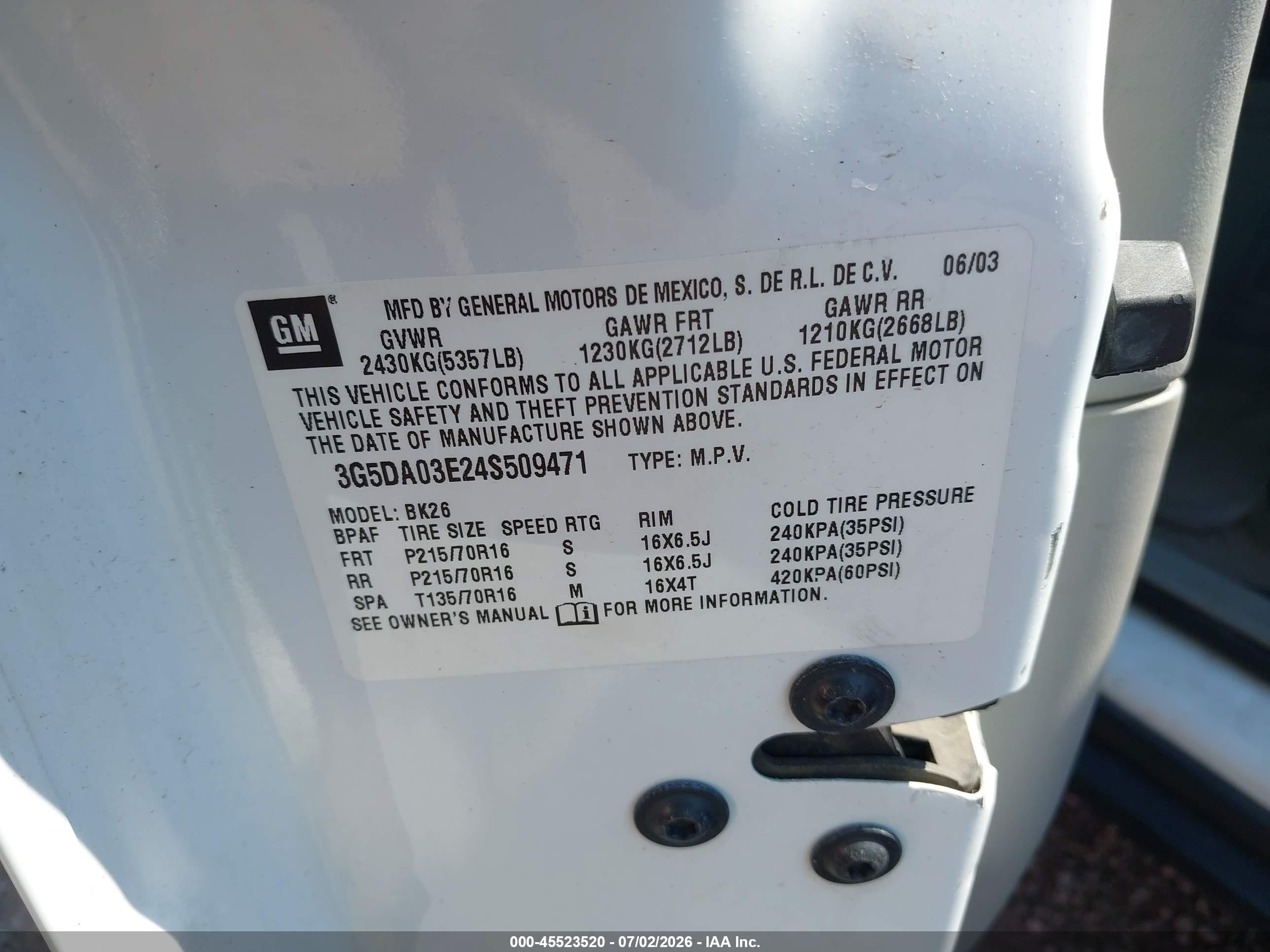2004 Buick Rendezvous Cx White vin: 3G5DA03E24S509471