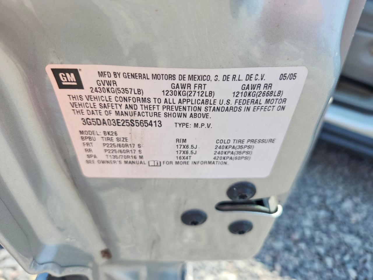 2005 Buick Rendezvous Cx Silver vin: 3G5DA03E25S565413