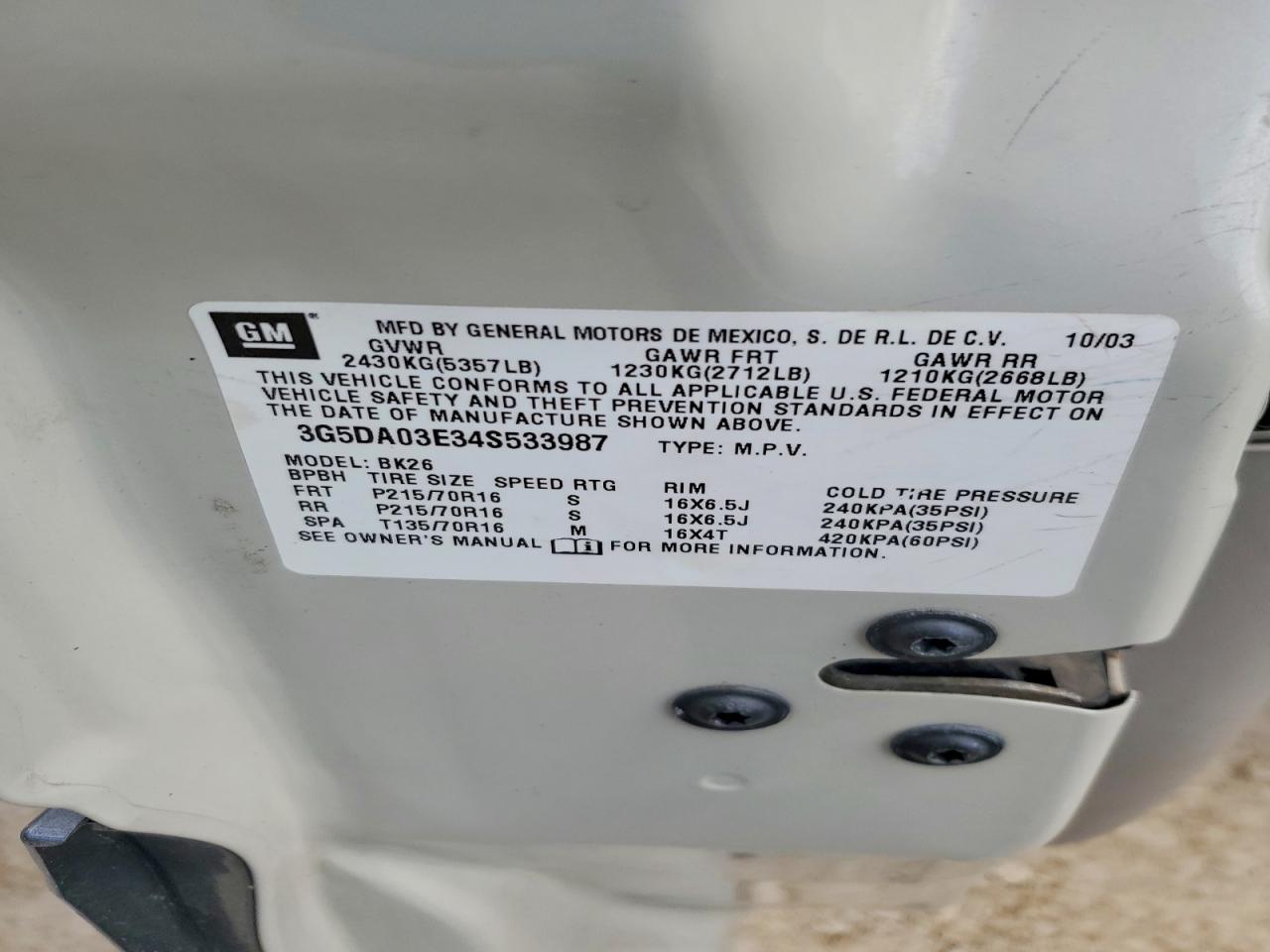 2004 Buick Rendezvous Cx Белый vin: 3G5DA03E34S533987