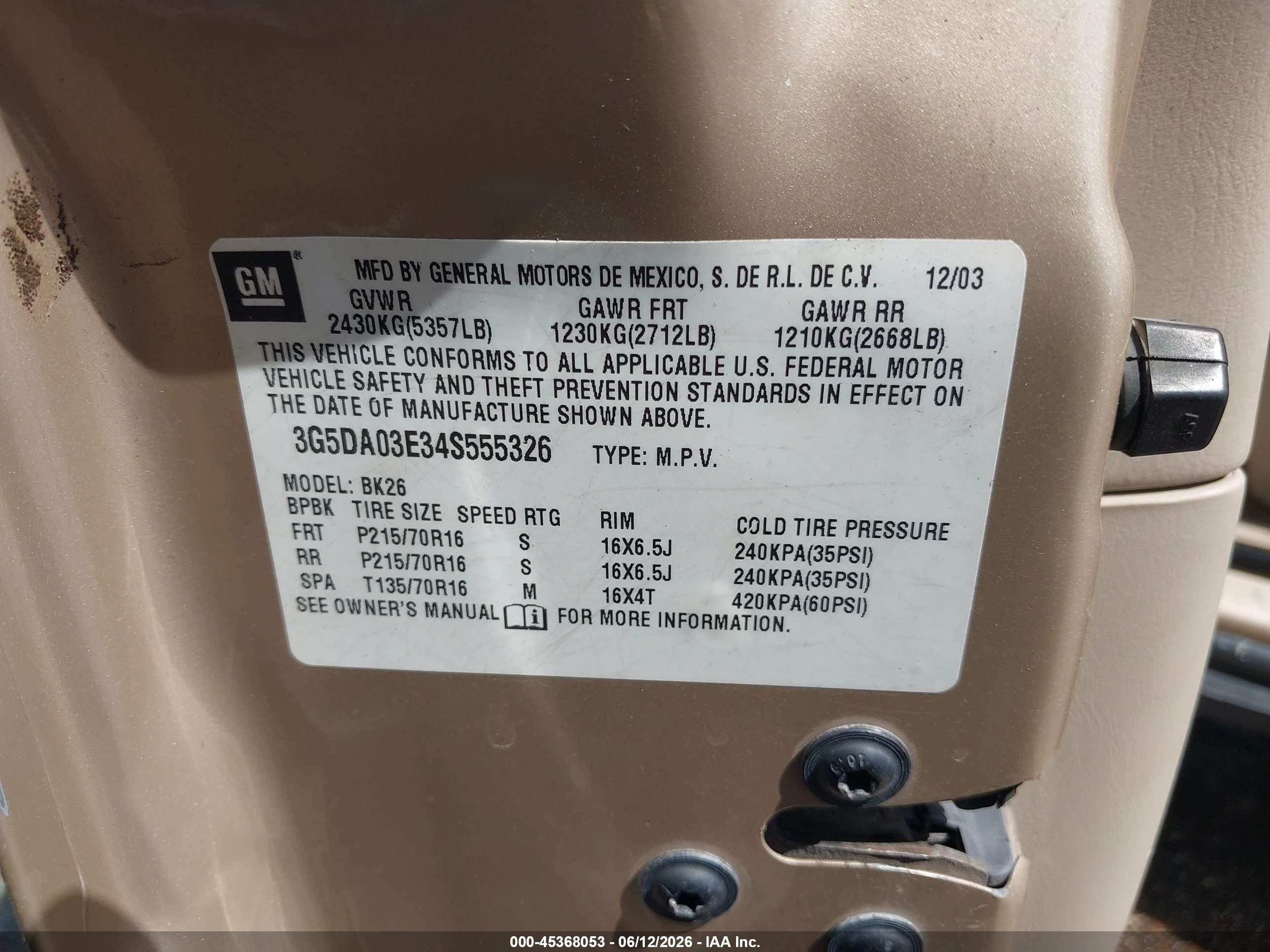 2004 Buick Rendezvous Cx Gold vin: 3G5DA03E34S555326