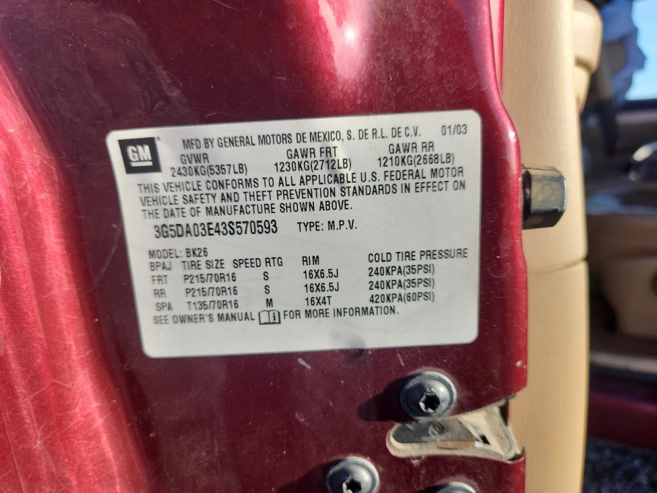 2003 Buick Rendezvous Cx Burgundy vin: 3G5DA03E43S570593