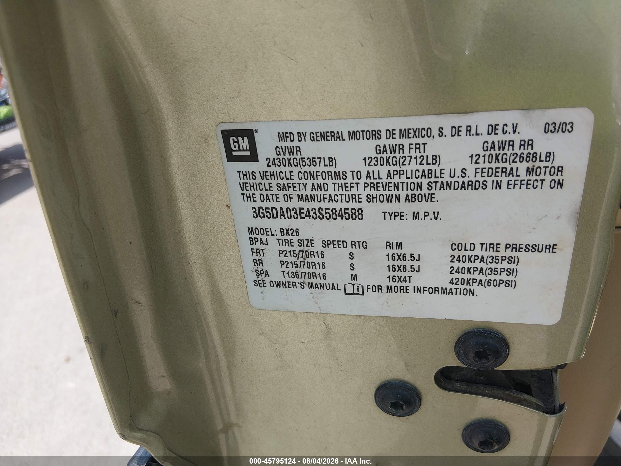 2003 Buick Rendezvous Cx Золотой vin: 3G5DA03E43S584588