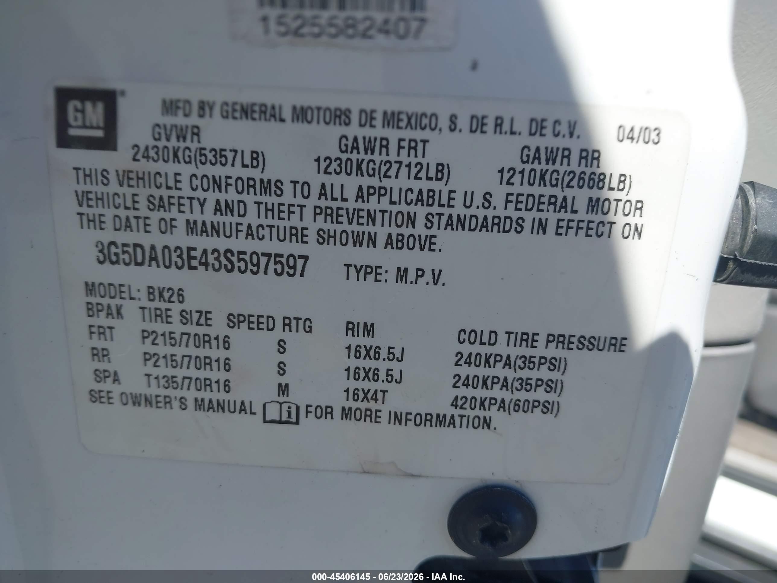 2003 Buick Rendezvous Cx White vin: 3G5DA03E43S597597