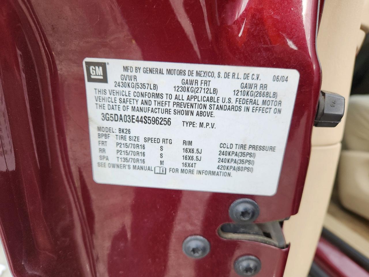 2004 Buick Rendezvous Cx Burgundy vin: 3G5DA03E44S596256