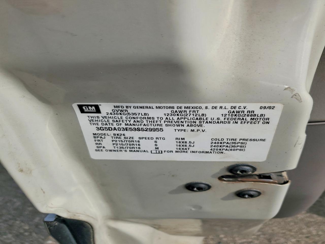 2003 Buick Rendezvous Cx Silver vin: 3G5DA03E53S529955