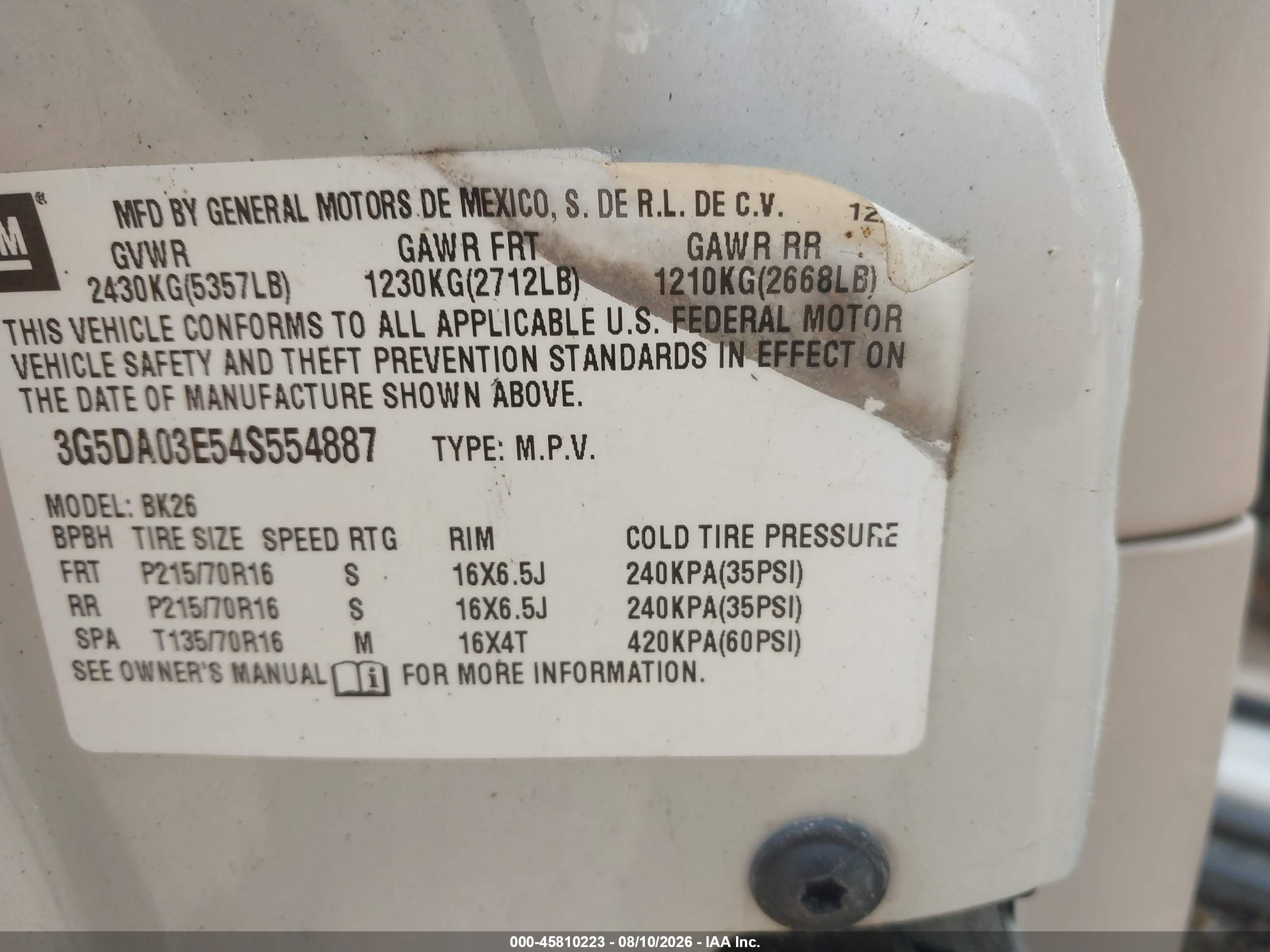 2004 Buick Rendezvous Cx White vin: 3G5DA03E54S554887