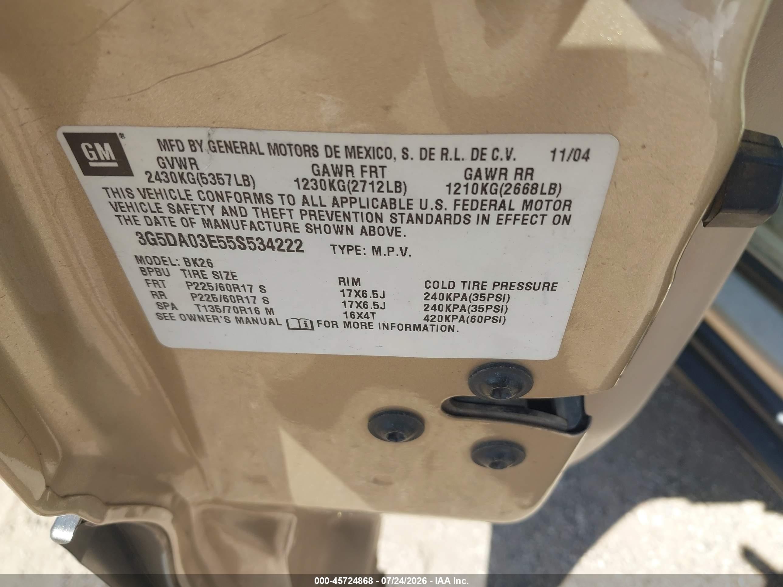 2005 Buick Rendezvous Cx Золотой vin: 3G5DA03E55S534222