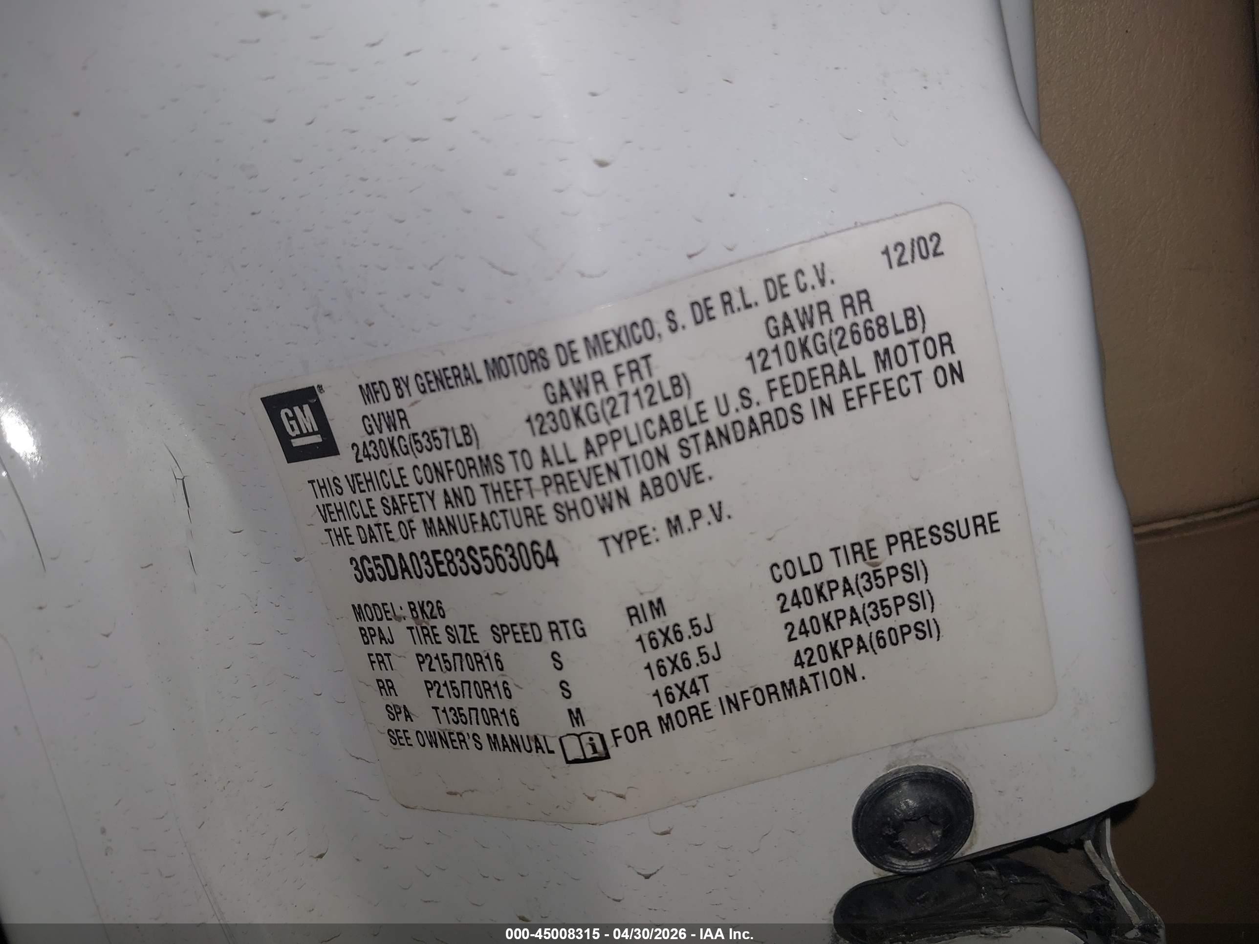 2003 Buick Rendezvous Cxl White vin: 3G5DA03E83S563064
