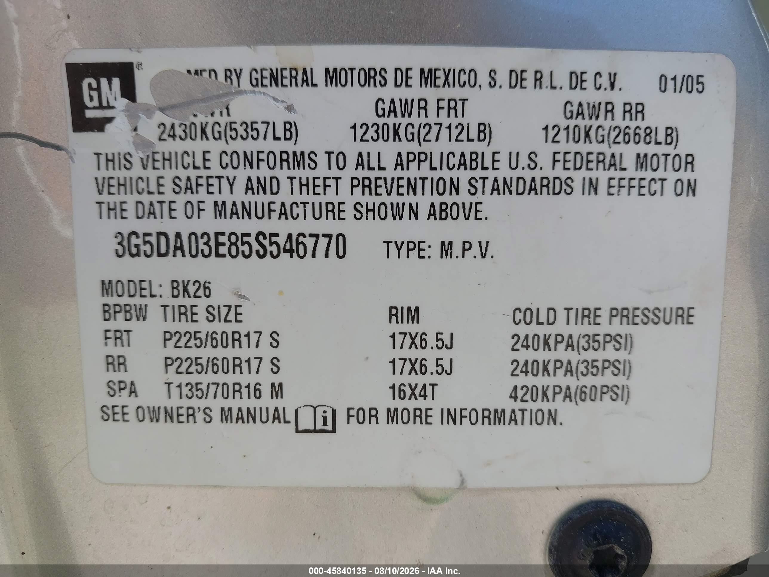 2005 Buick Rendezvous Cx Silver vin: 3G5DA03E85S546770