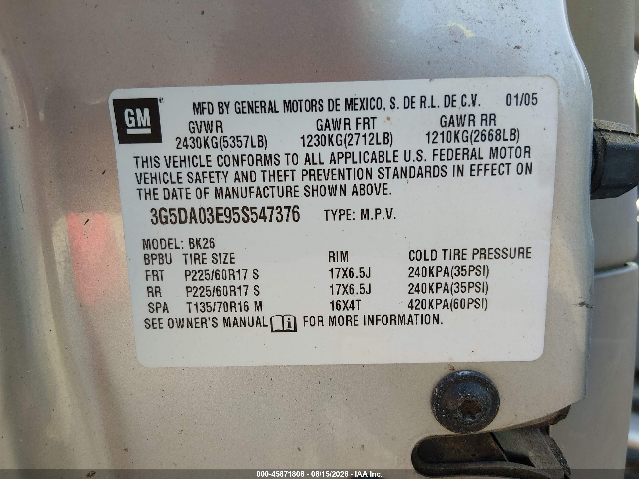 2005 Buick Rendezvous Cx Gray vin: 3G5DA03E95S547376