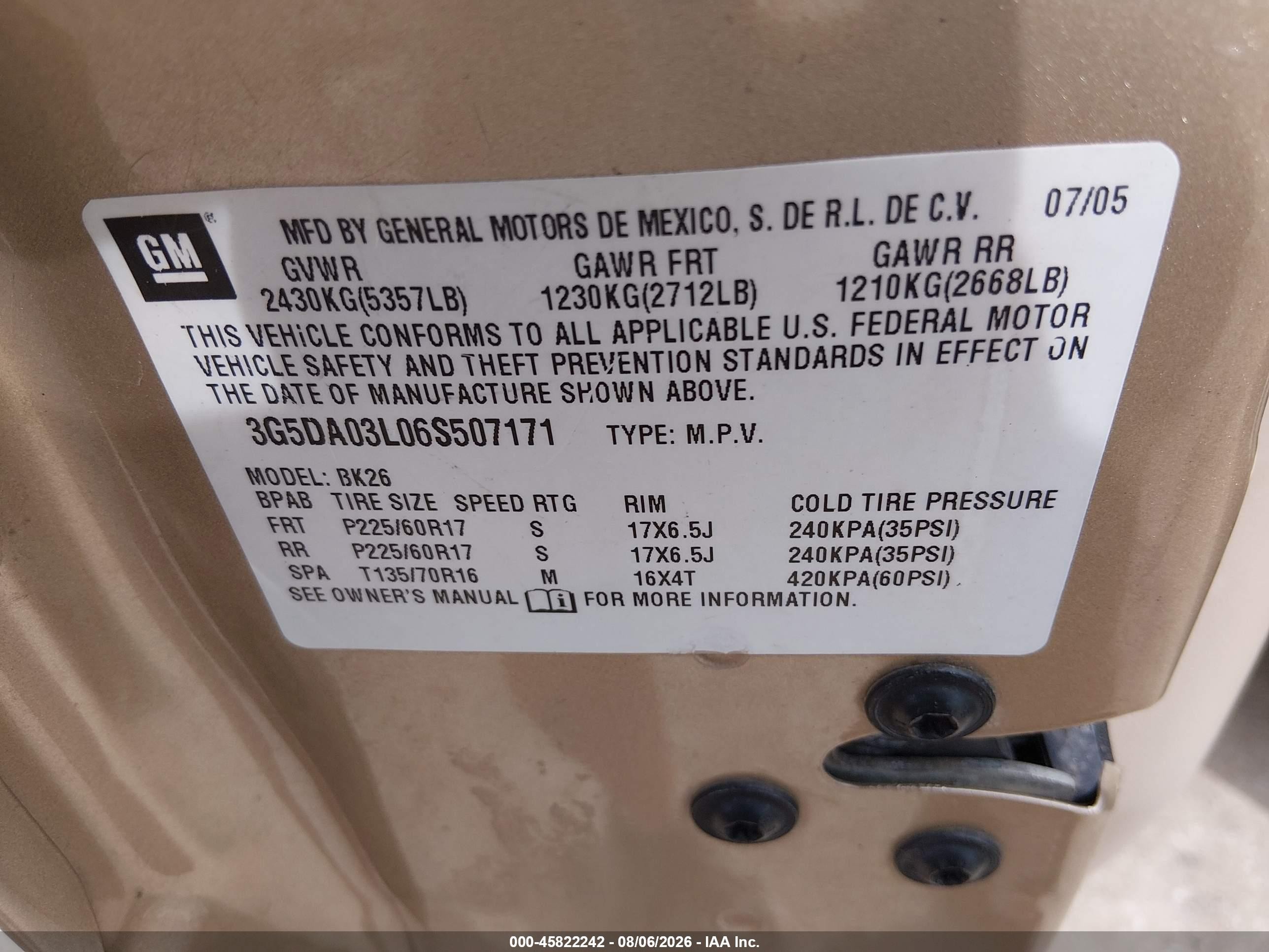 2006 Buick Rendezvous Cx Beige vin: 3G5DA03L06S507171