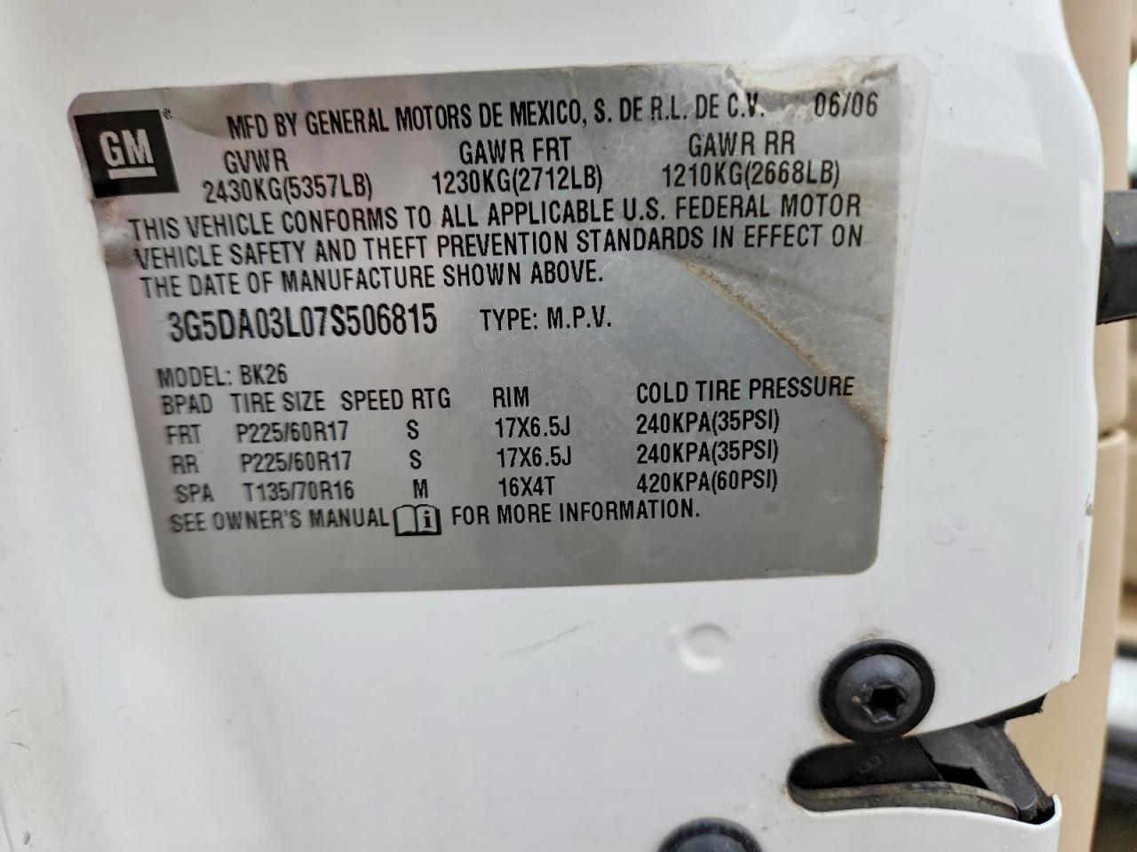 2007 Buick Rendezvous Cx White vin: 3G5DA03L07S506815