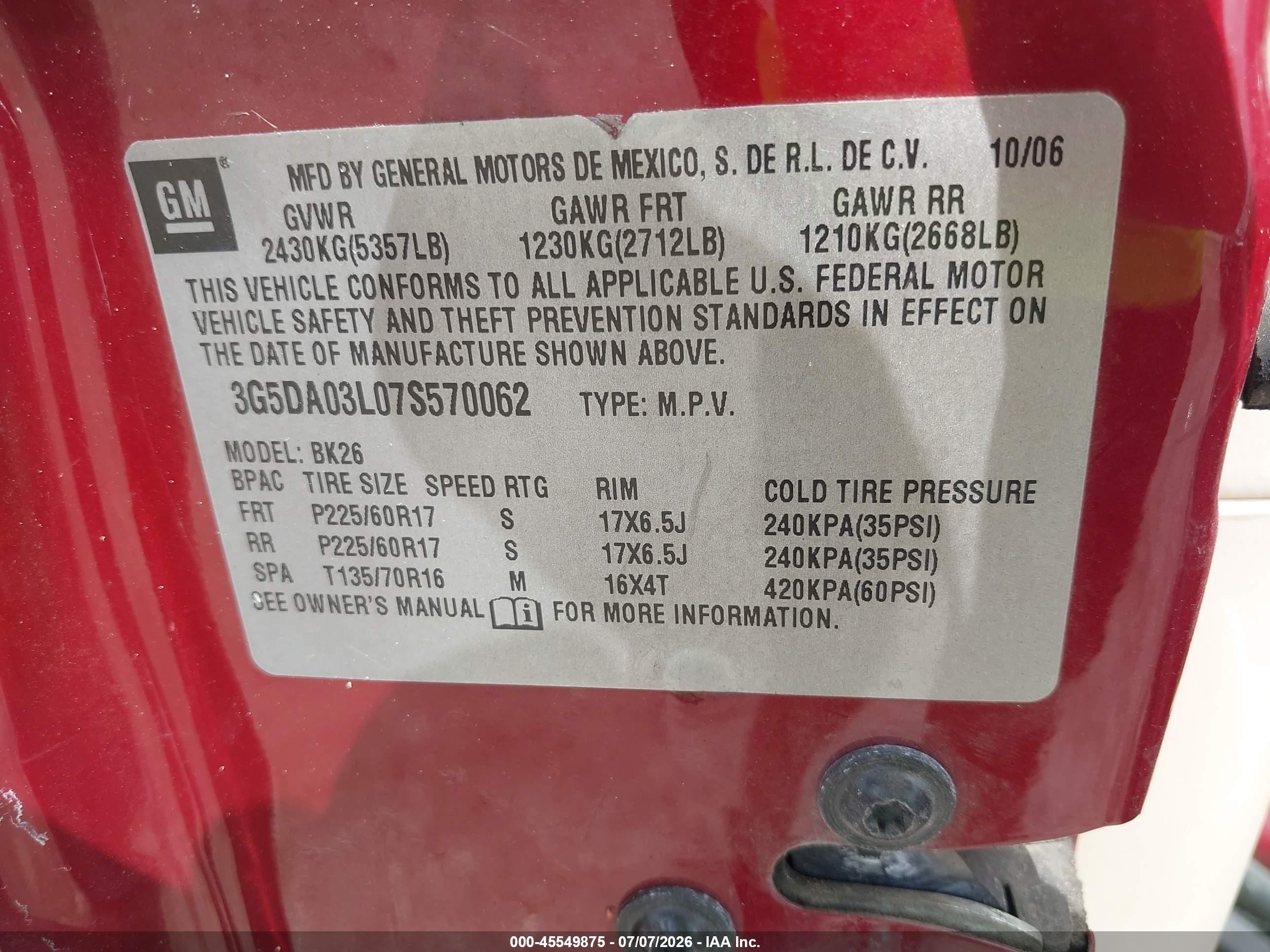 2007 Buick Rendezvous Cxl Red vin: 3G5DA03L07S570062