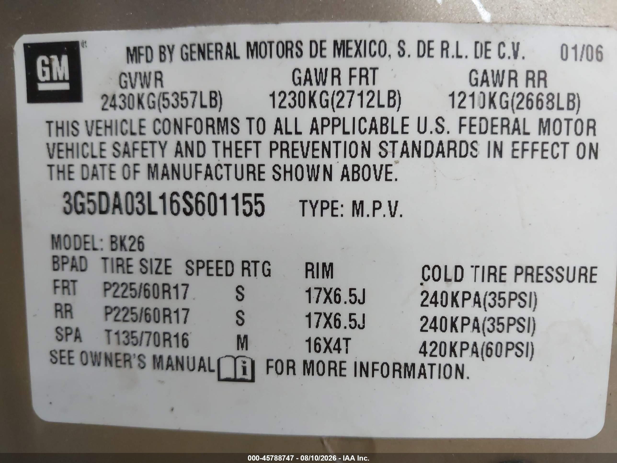 2006 Buick Rendezvous Cx Gold vin: 3G5DA03L16S601155