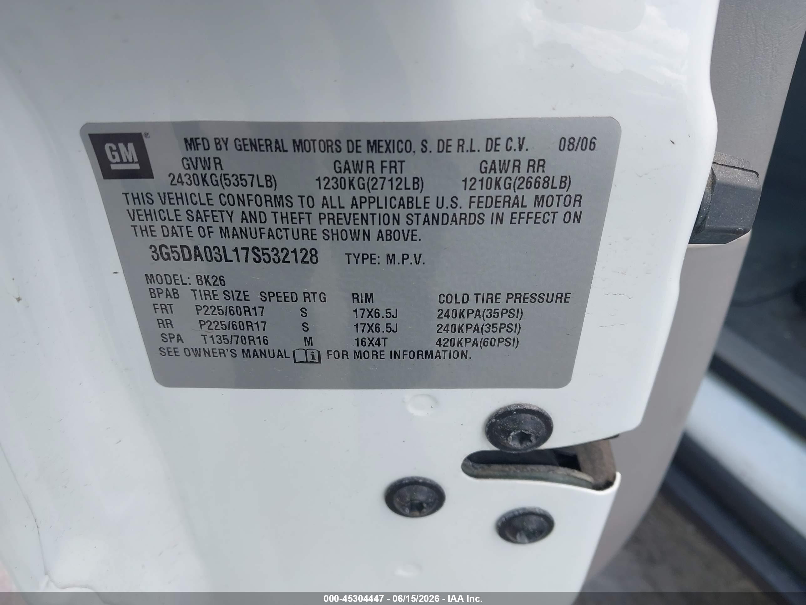 2007 Buick Rendezvous Cx White vin: 3G5DA03L17S532128