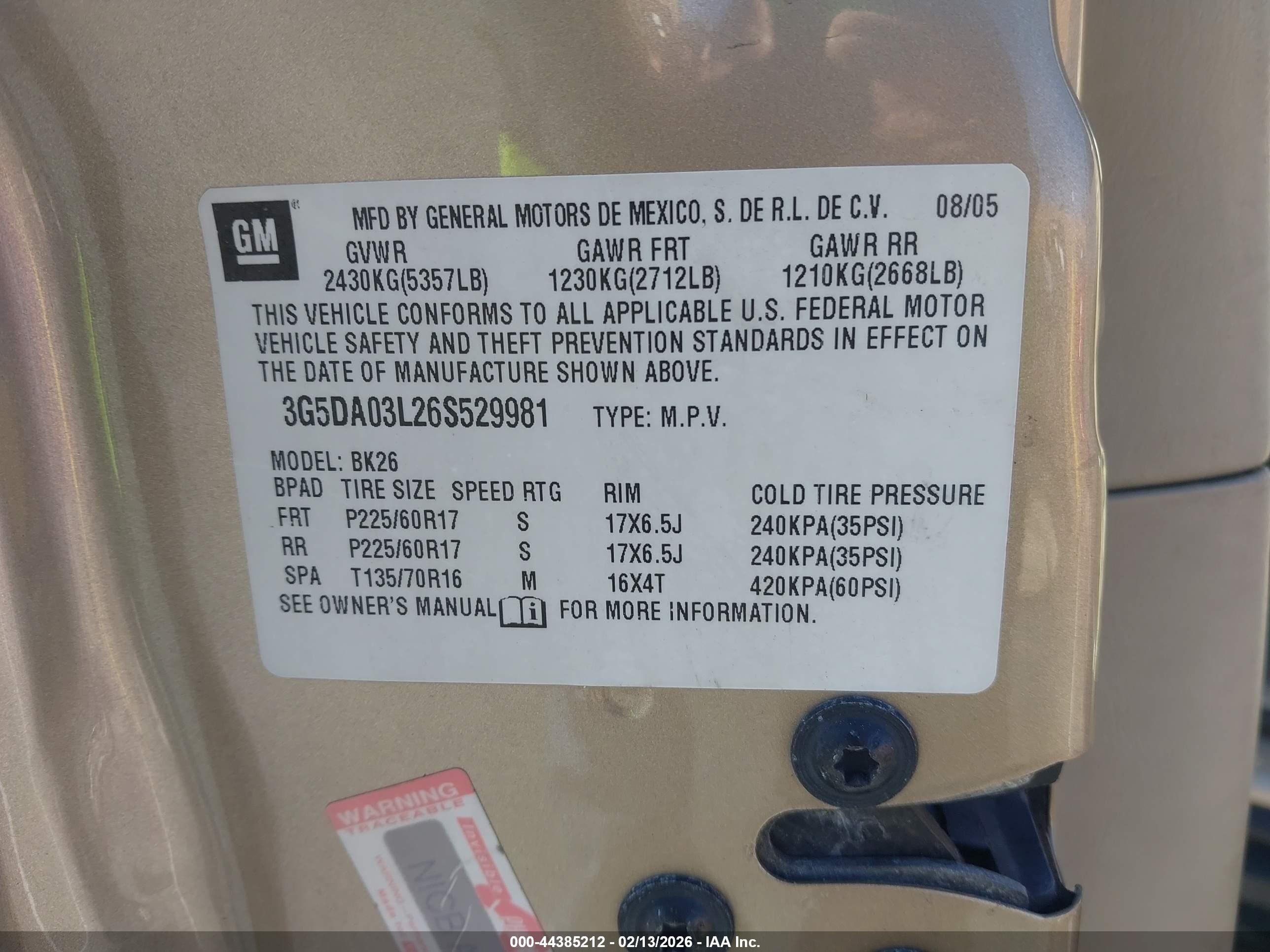 2006 Buick Rendezvous Cx Gold vin: 3G5DA03L26S529981