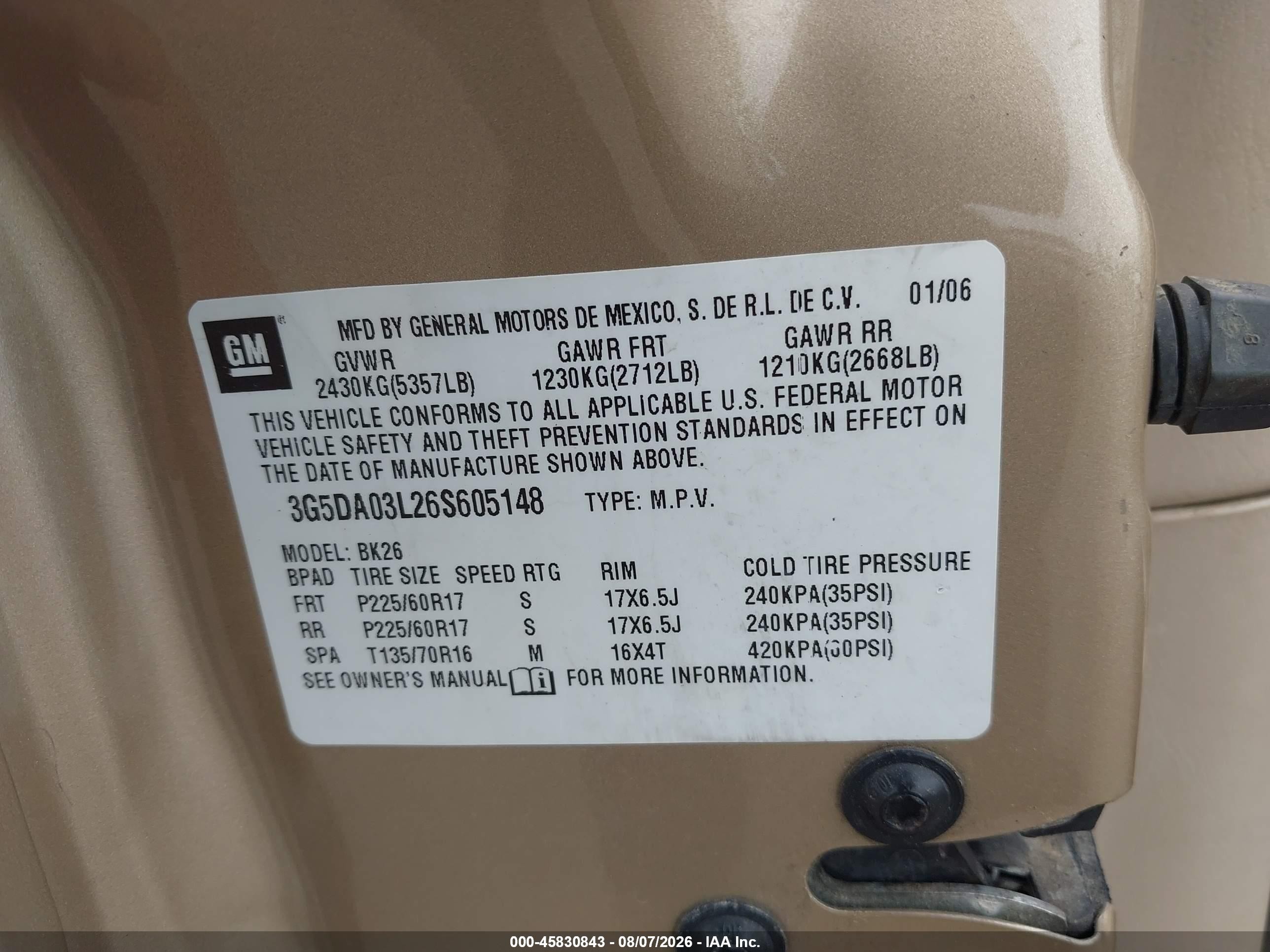 2006 Buick Rendezvous Cx Gold vin: 3G5DA03L26S605148